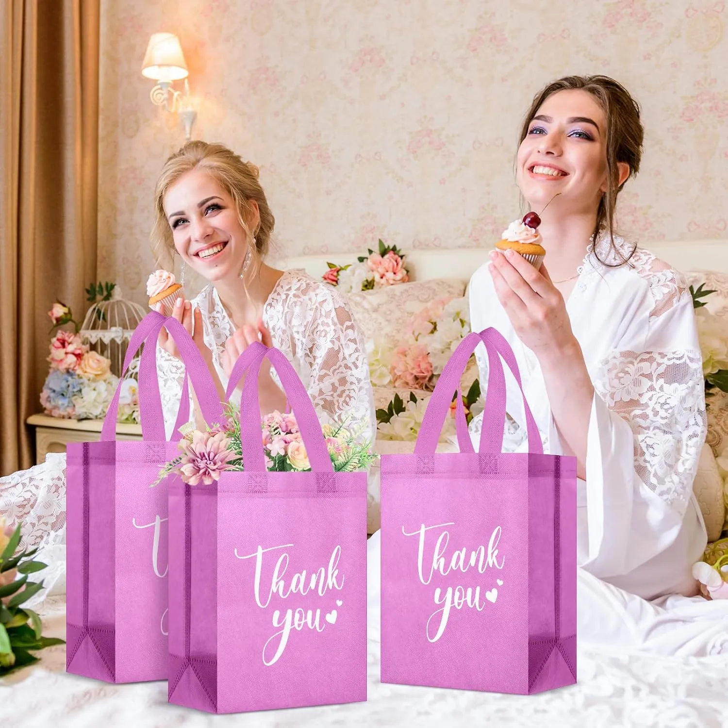 Sweetude 30 Pcs Thank You Gift Bags with Handles Bulk Reusable Goodie Bag Non Woven Foldable Handbag for Graduation Wedding Bridesmaid Gifts (10 x 8 x 4 Inch,Pink)