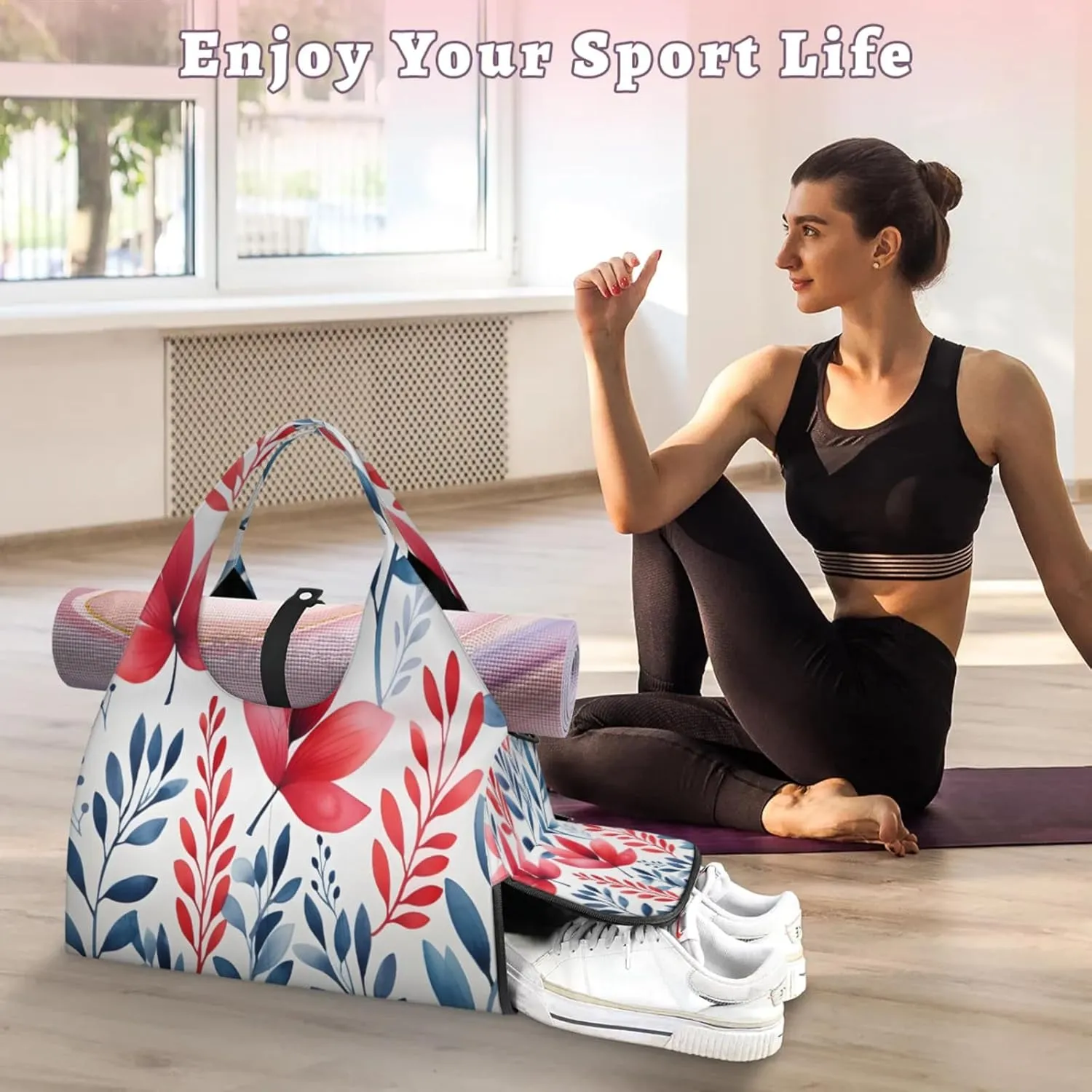 Symmetric Red Blue Waterproof Gym Bag for Men Women, Sports Duffel Bag with Shoe Compartment Yoga Mat Holder, Portable Large Travel Bag for Fitness, Camping, Weekend Trips