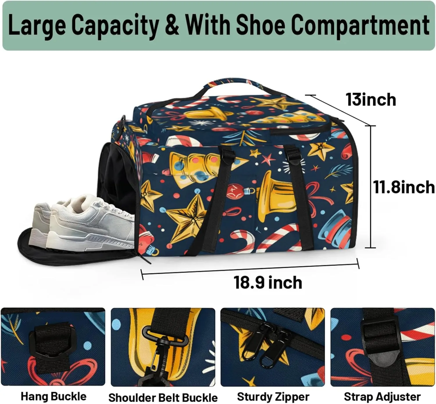 Tactical Sports Duffle Bag for Travel Waterproof Gym Bag with Shoe Compartment 48L Carry On Luggage for Men & Women 3-in-1 Durable Travel Luggage Christmas Bell
