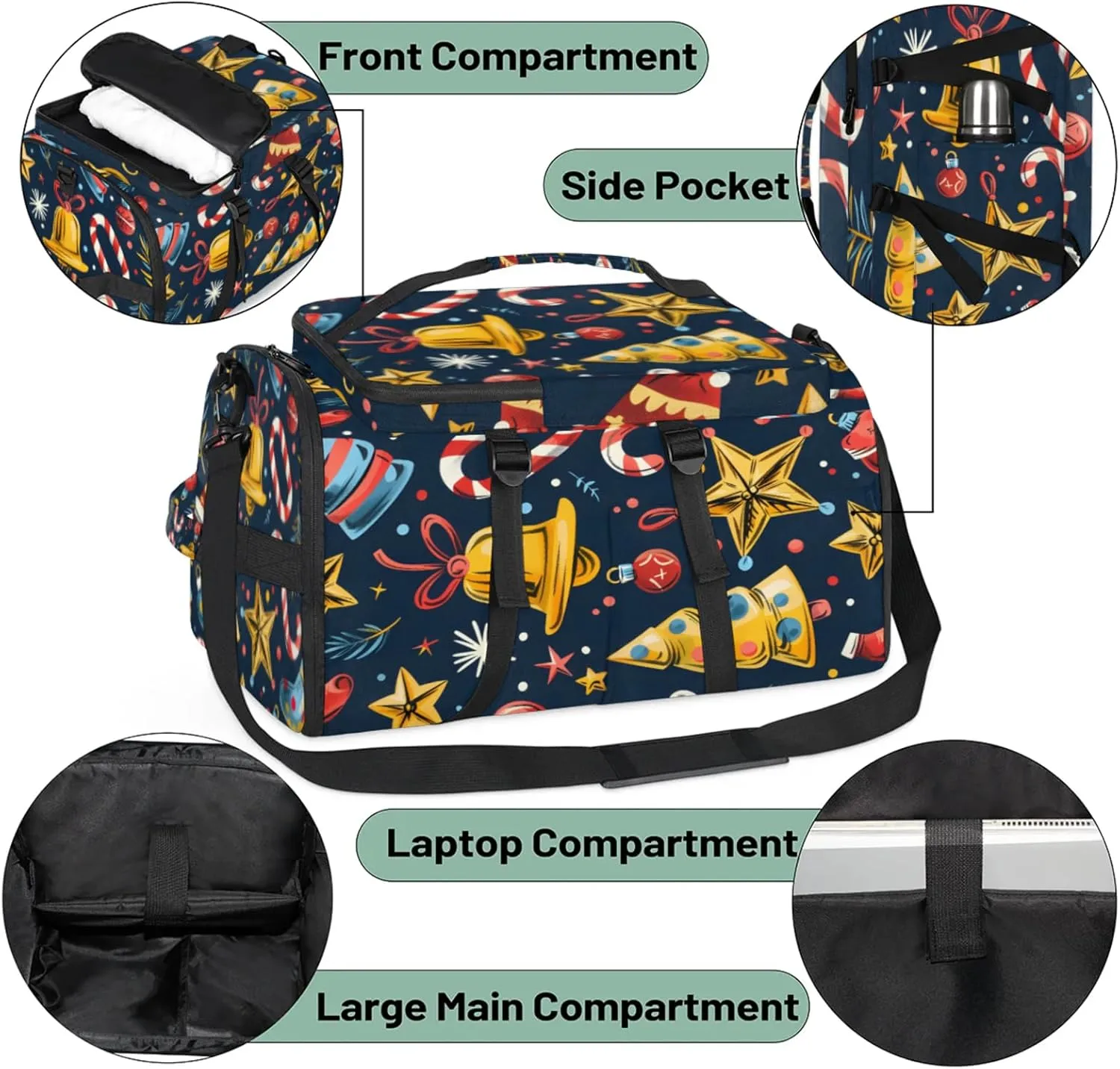 Tactical Sports Duffle Bag for Travel Waterproof Gym Bag with Shoe Compartment 48L Carry On Luggage for Men & Women 3-in-1 Durable Travel Luggage Christmas Bell