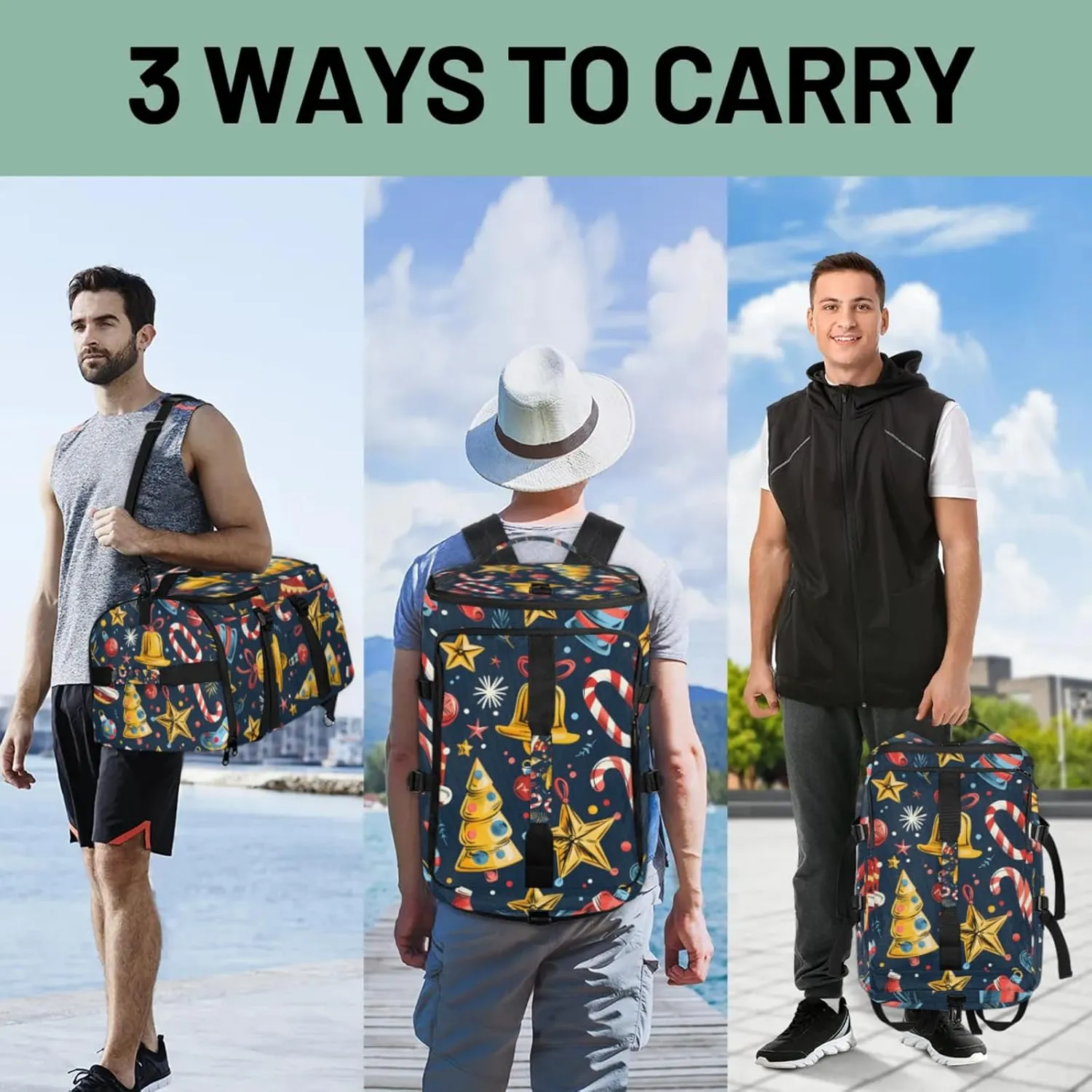 Tactical Sports Duffle Bag for Travel Waterproof Gym Bag with Shoe Compartment 48L Carry On Luggage for Men & Women 3-in-1 Durable Travel Luggage Christmas Bell