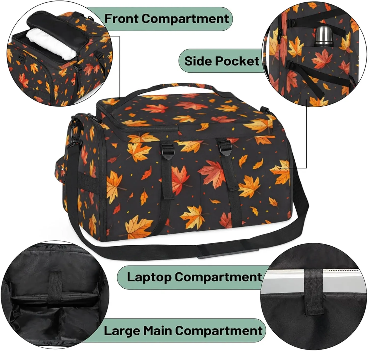 Tactical Sports Duffle Bag for Travel Waterproof Gym Bag with Shoe Compartment 48L Carry On Luggage for Men & Women 3-in-1 Durable Travel Luggage Fall Maple Leaves