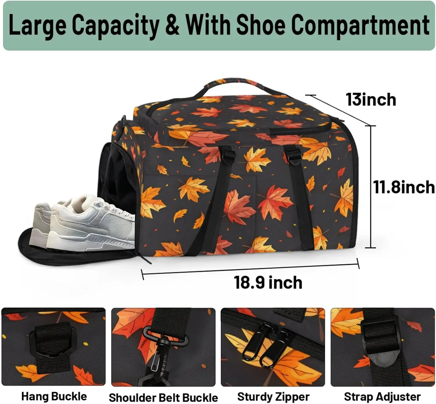 Tactical Sports Duffle Bag for Travel Waterproof Gym Bag with Shoe Compartment 48L Carry On Luggage for Men & Women 3-in-1 Durable Travel Luggage Fall Maple Leaves