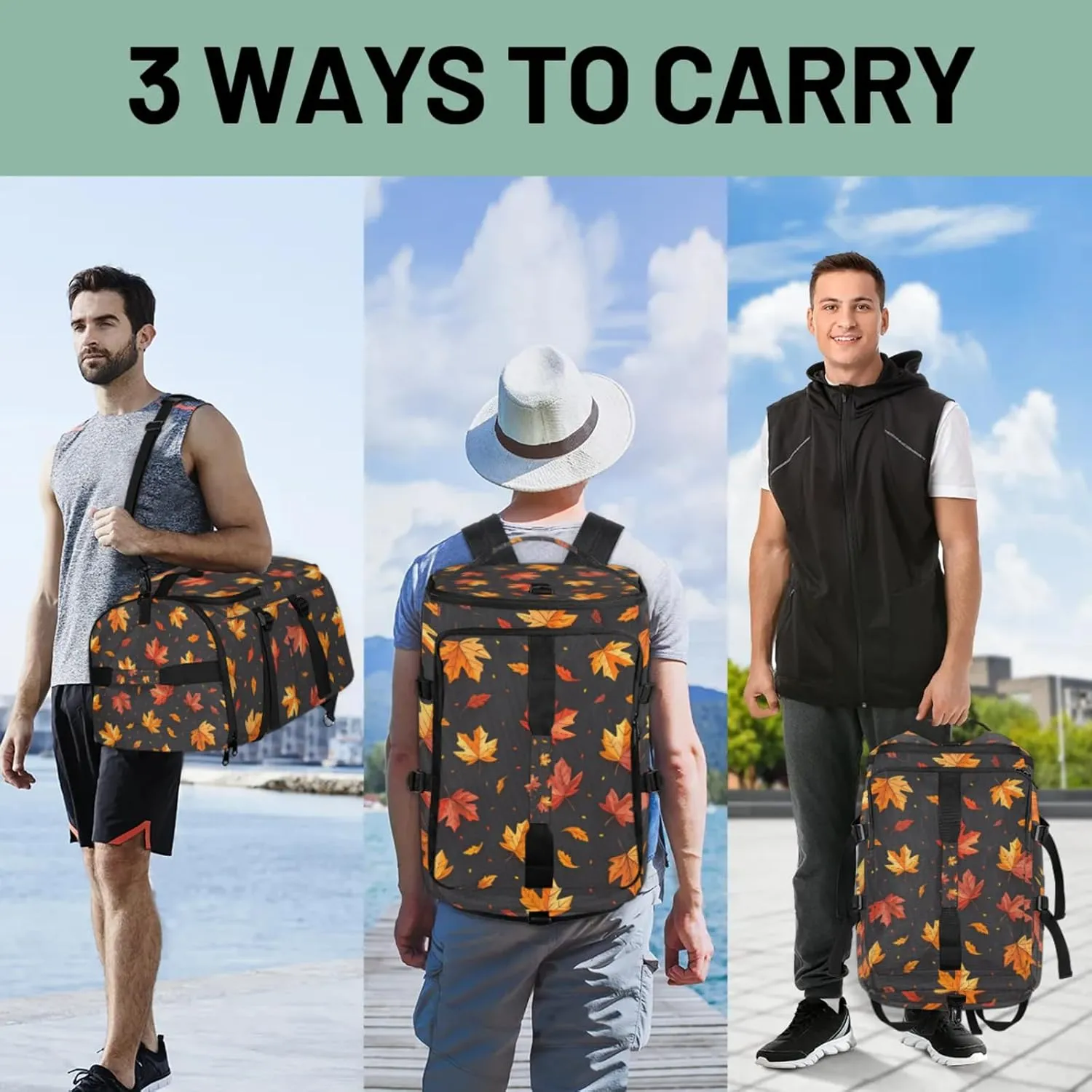 Tactical Sports Duffle Bag for Travel Waterproof Gym Bag with Shoe Compartment 48L Carry On Luggage for Men & Women 3-in-1 Durable Travel Luggage Fall Maple Leaves