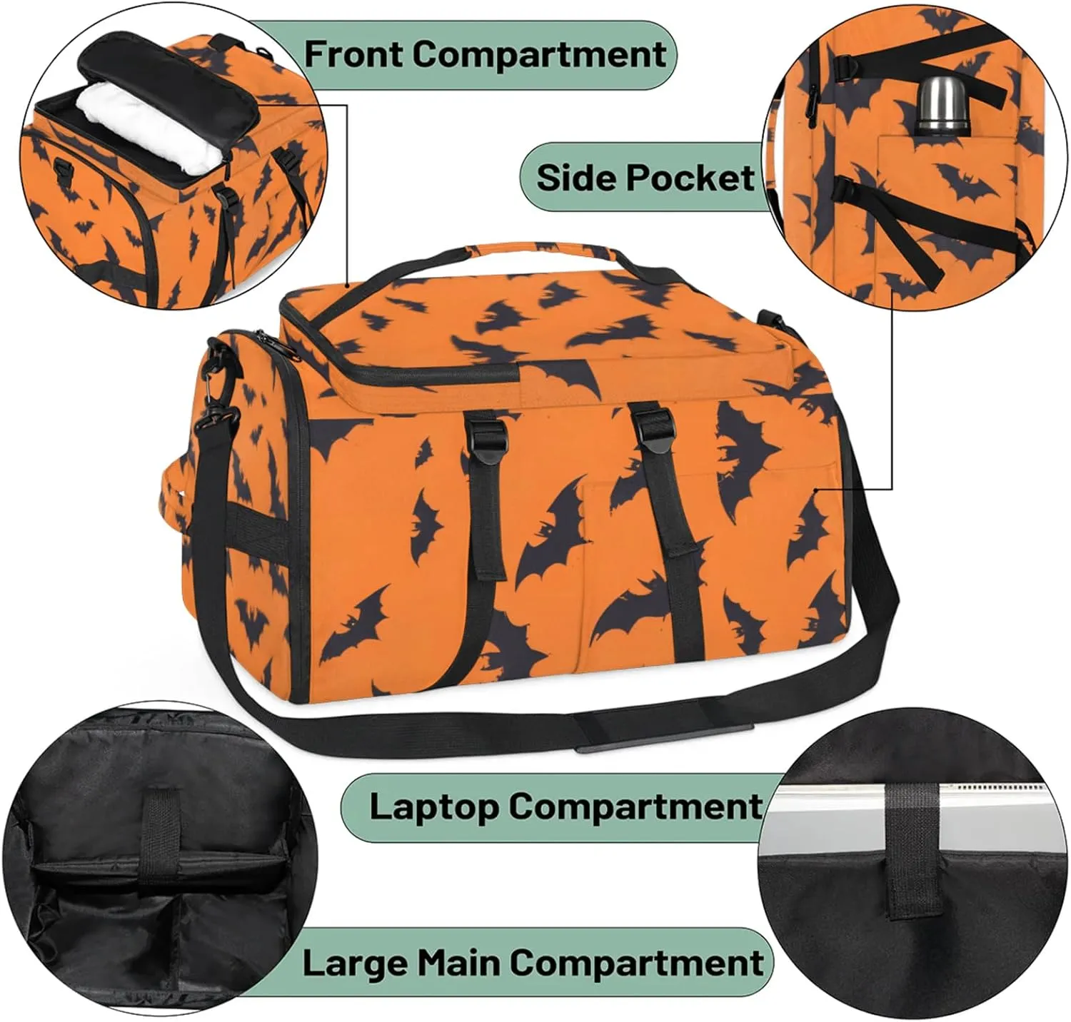 Tactical Sports Duffle Bag for Travel Waterproof Gym Bag with Shoe Compartment 48L Carry On Luggage for Men & Women 3-in-1 Durable Travel Luggage Halloween Bats Animal