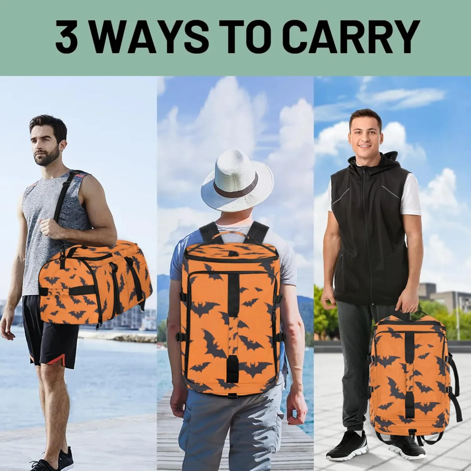Tactical Sports Duffle Bag for Travel Waterproof Gym Bag with Shoe Compartment 48L Carry On Luggage for Men & Women 3-in-1 Durable Travel Luggage Halloween Bats Animal
