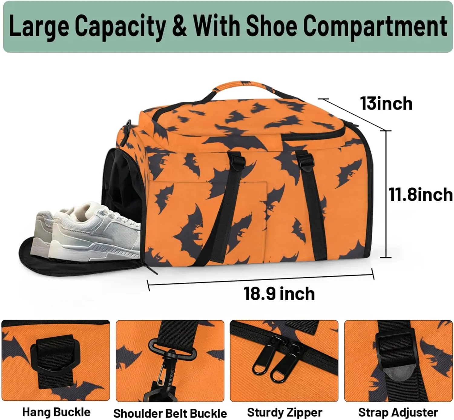 Tactical Sports Duffle Bag for Travel Waterproof Gym Bag with Shoe Compartment 48L Carry On Luggage for Men & Women 3-in-1 Durable Travel Luggage Halloween Bats Animal