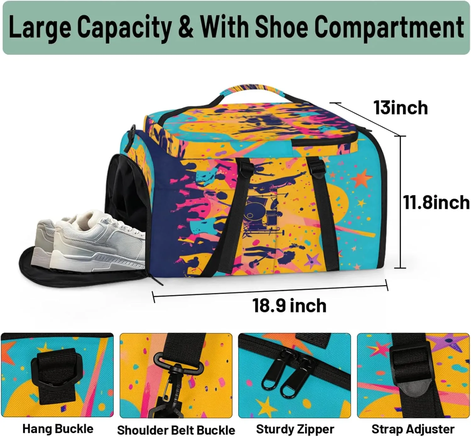Tactical Sports Duffle Bag for Travel Waterproof Gym Bag with Shoe Compartment 48L Carry On Luggage for Men & Women 3-in-1 Durable Travel Luggage Watercolor Music Show