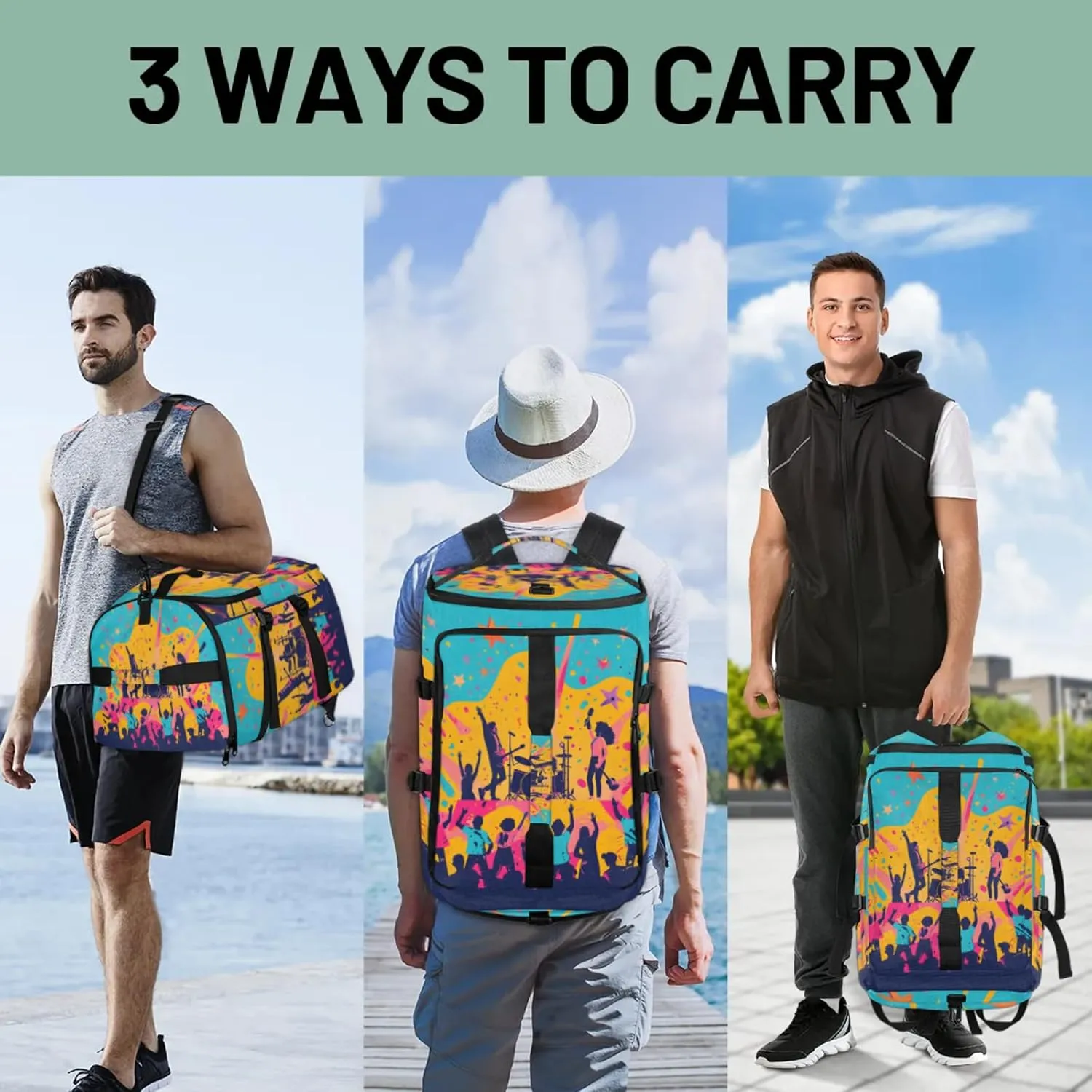 Tactical Sports Duffle Bag for Travel Waterproof Gym Bag with Shoe Compartment 48L Carry On Luggage for Men & Women 3-in-1 Durable Travel Luggage Watercolor Music Show