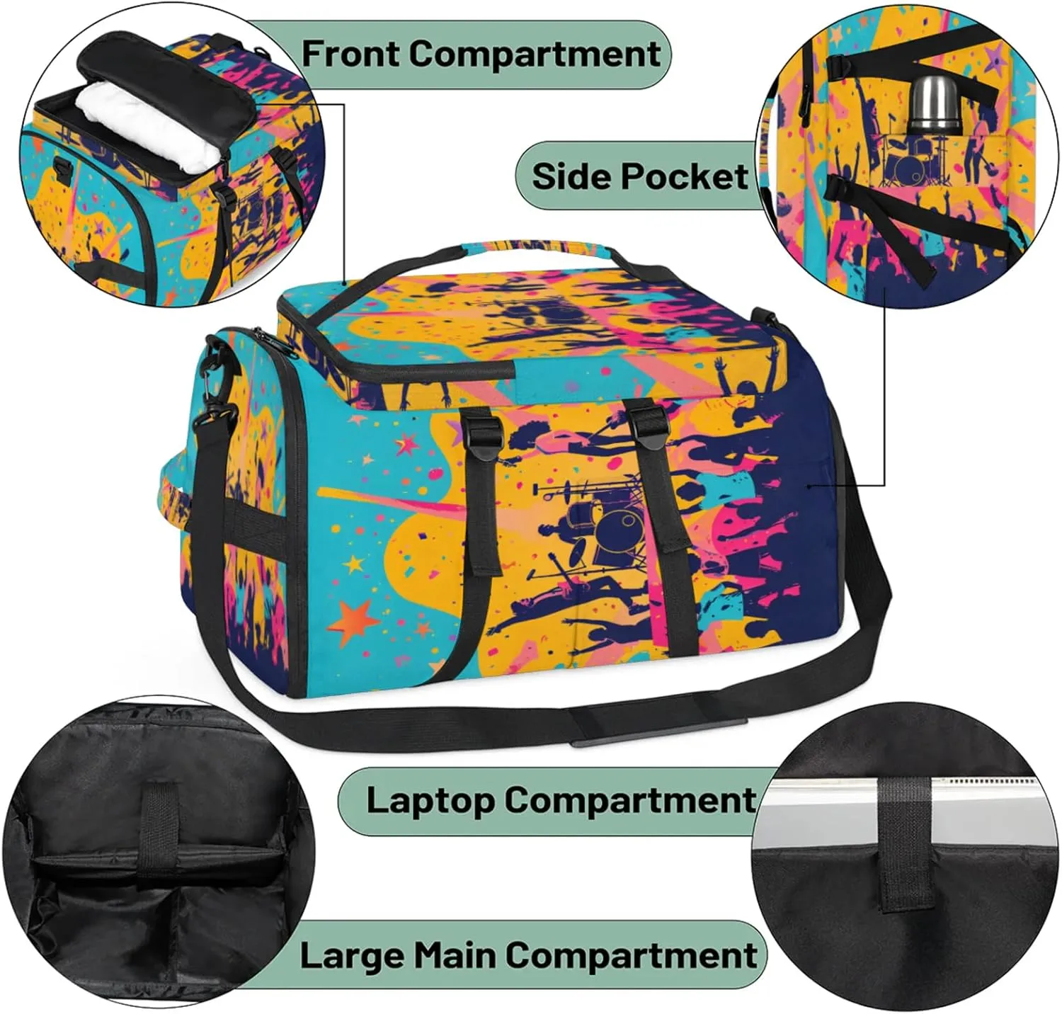Tactical Sports Duffle Bag for Travel Waterproof Gym Bag with Shoe Compartment 48L Carry On Luggage for Men & Women 3-in-1 Durable Travel Luggage Watercolor Music Show