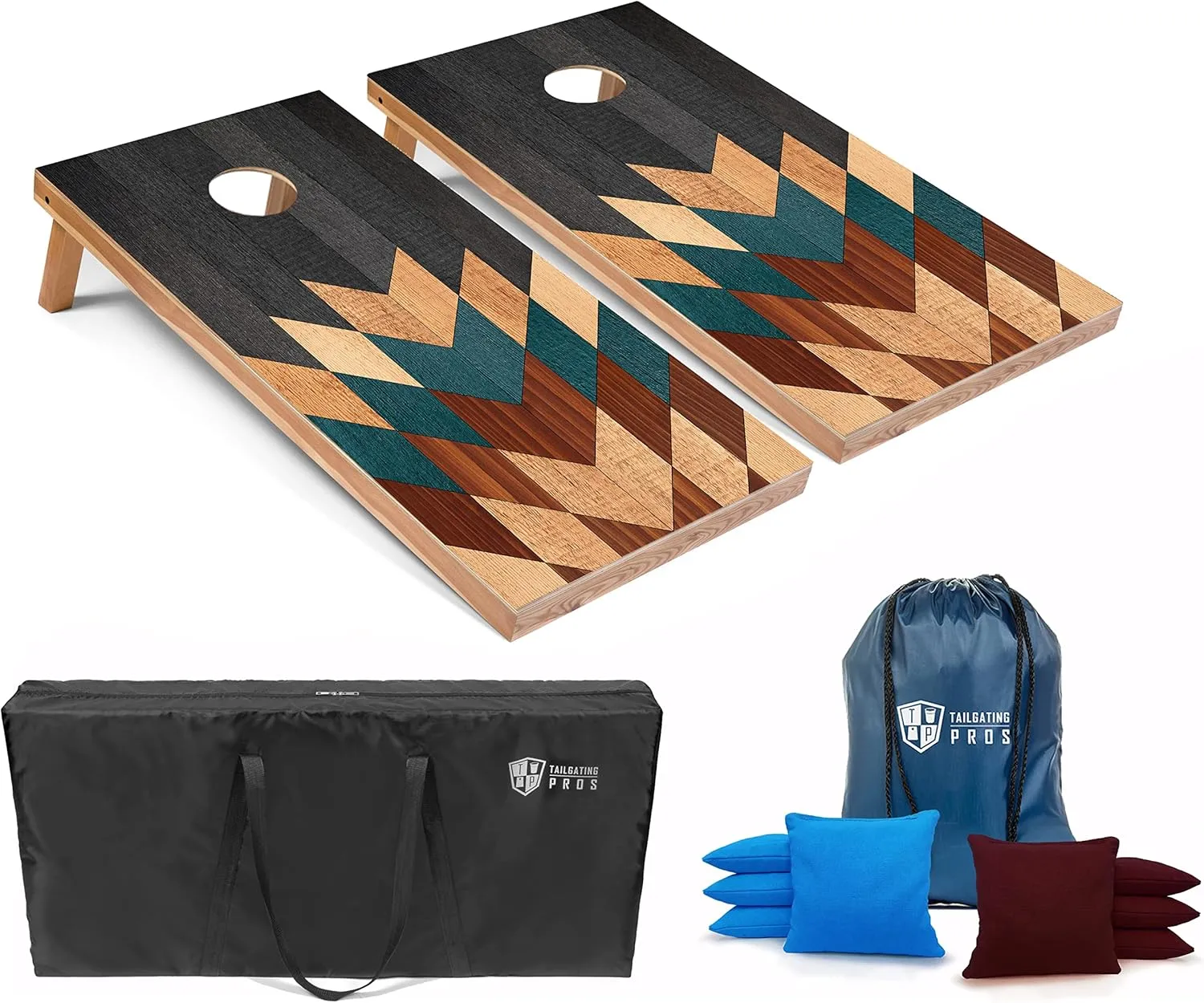 Tailgating Pros Lightweight Cornhole Boards - 4'x2' Modern Wooden Designs Cornhole Game w/Carrying Case & Set of 8 Corn Hole Bean Bags w/Tote
