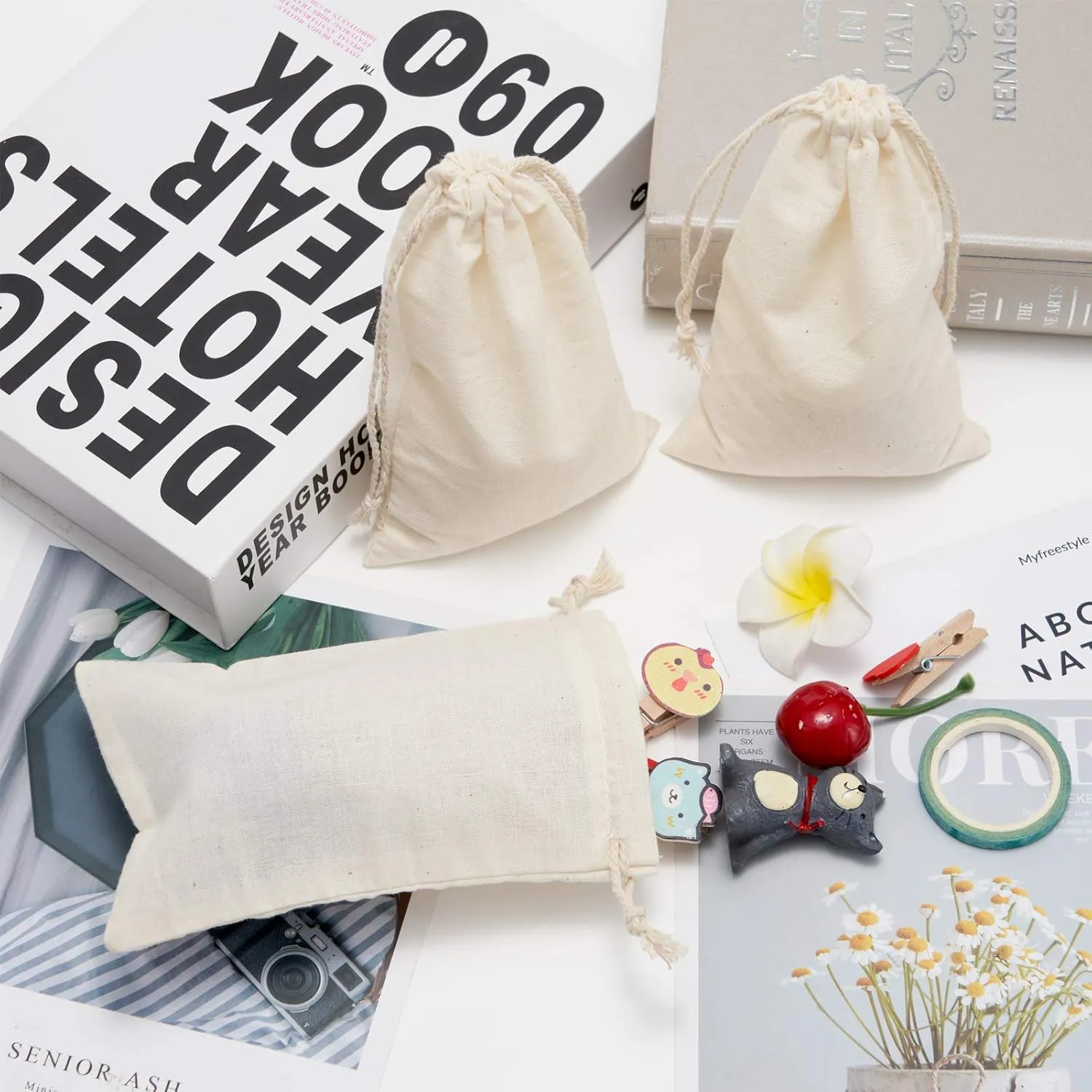 Tendwarm 50 Pieces 4x6 Inches Cotton Drawstring Bags Reusable Muslin Sachet Bag for Party Wedding Storage Home Supplies