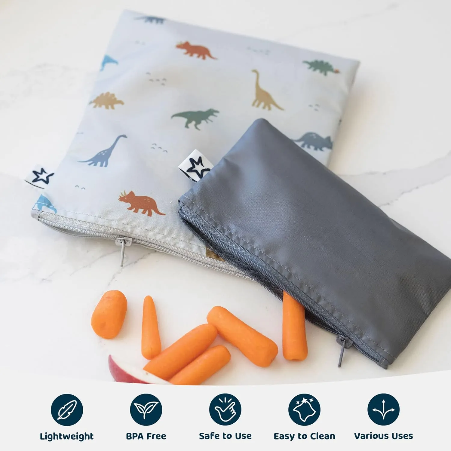 Tiny Twinkle 5 Pack Reusable Snack Bags - Machine Washable, PFAS, PVC, BPA, Phthalate-Free Reusable Baby and Toddler Food Safe Snack Bags (Dinosaur)