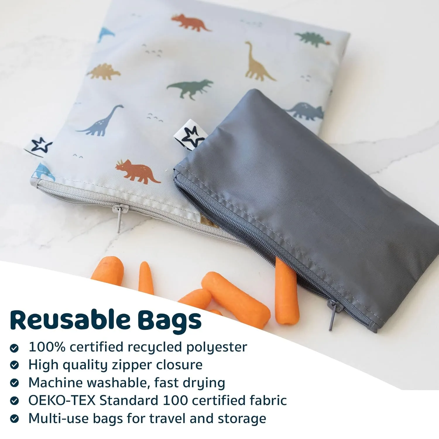 Tiny Twinkle 5 Pack Reusable Snack Bags - Machine Washable, PFAS, PVC, BPA, Phthalate-Free Reusable Baby and Toddler Food Safe Snack Bags (Dinosaur)