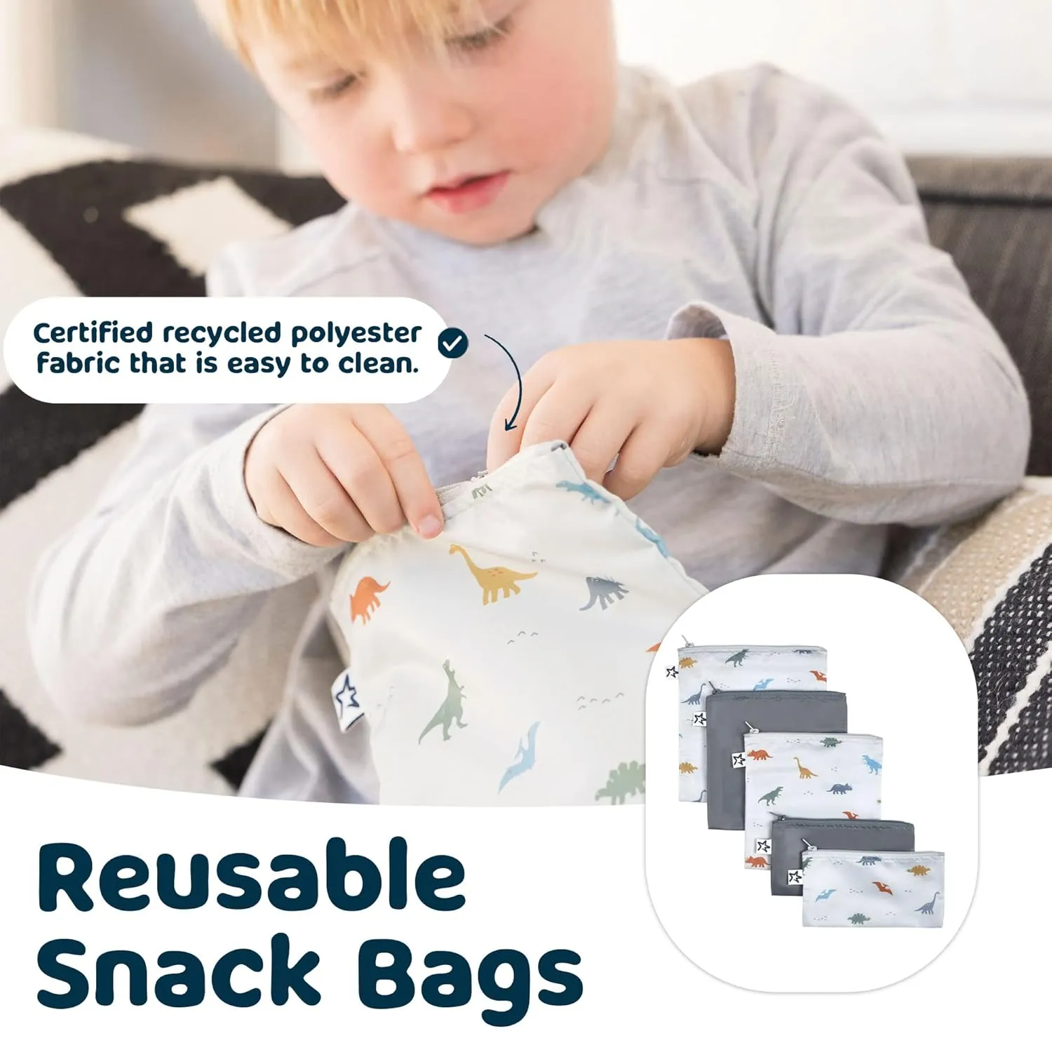 Tiny Twinkle 5 Pack Reusable Snack Bags - Machine Washable, PFAS, PVC, BPA, Phthalate-Free Reusable Baby and Toddler Food Safe Snack Bags (Dinosaur)