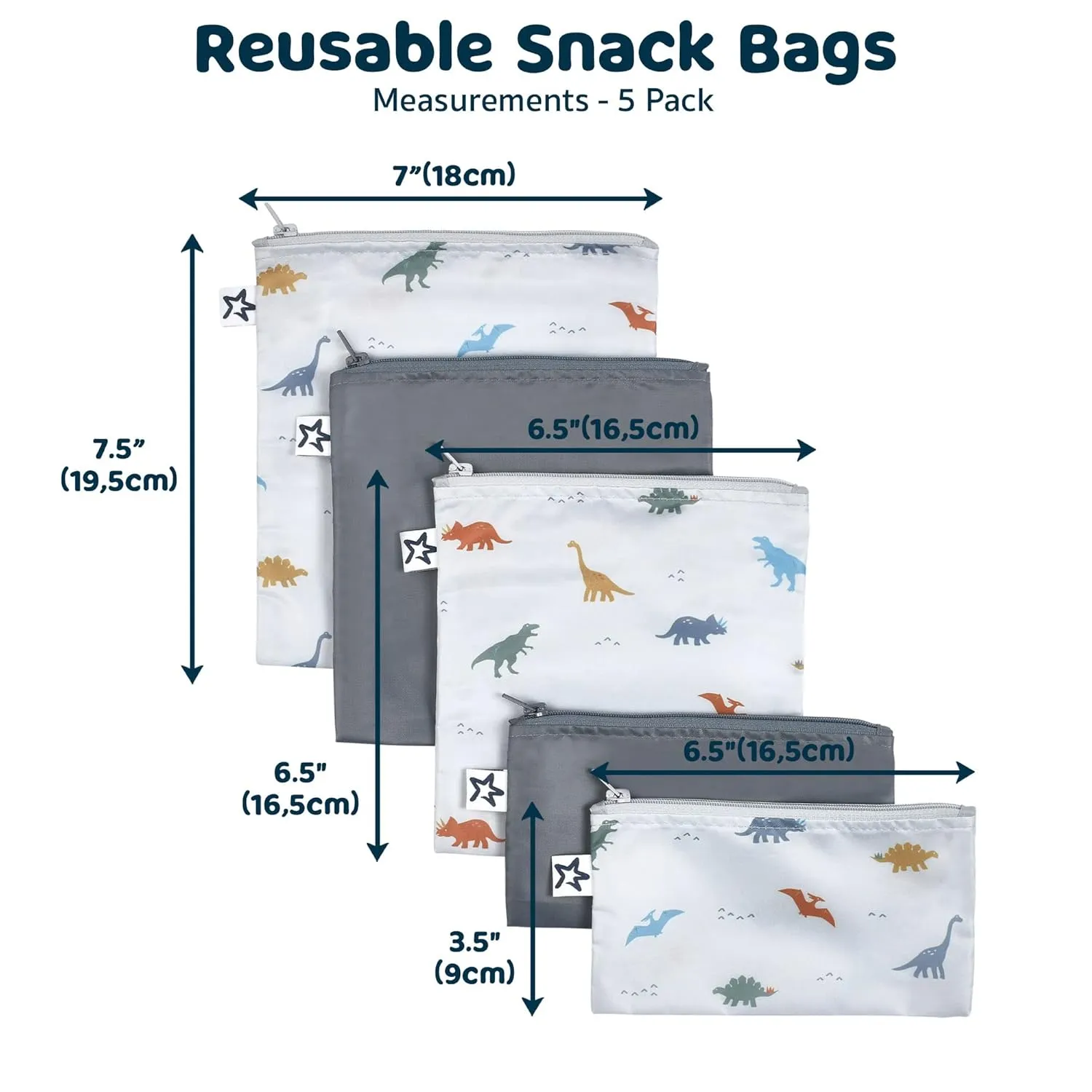 Tiny Twinkle 5 Pack Reusable Snack Bags - Machine Washable, PFAS, PVC, BPA, Phthalate-Free Reusable Baby and Toddler Food Safe Snack Bags (Dinosaur)