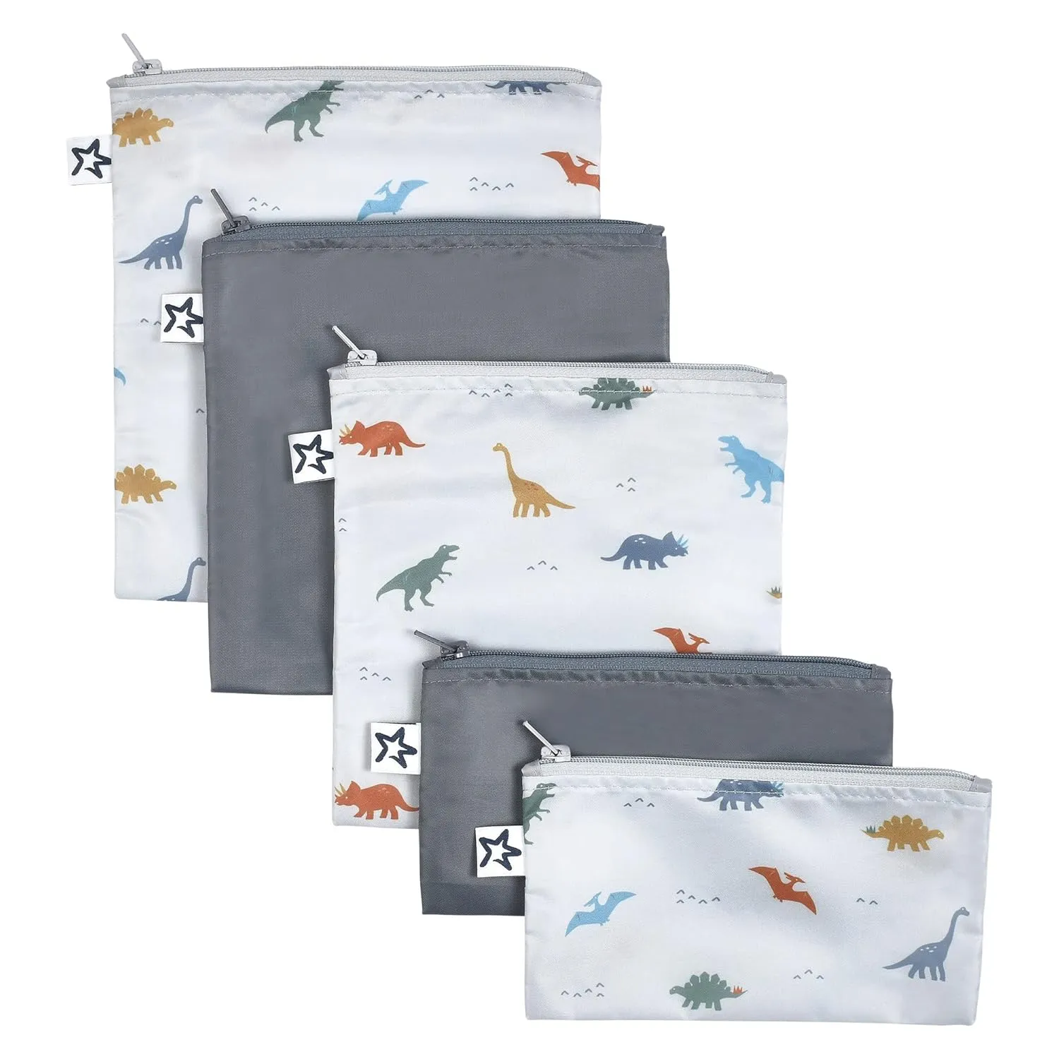 Tiny Twinkle 5 Pack Reusable Snack Bags - Machine Washable, PFAS, PVC, BPA, Phthalate-Free Reusable Baby and Toddler Food Safe Snack Bags (Dinosaur)
