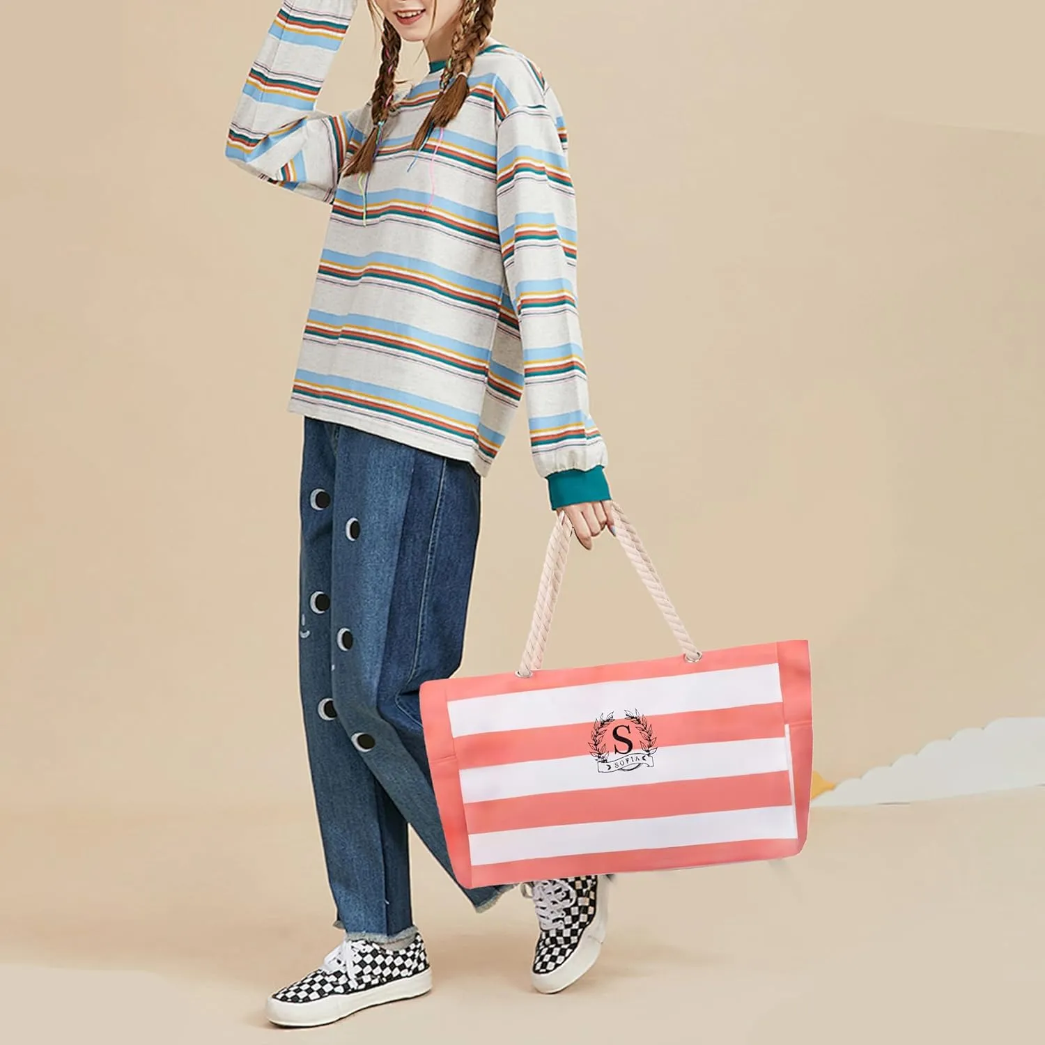 Tomay Custom Embroidered Handbag Personalized Design Large Sling Bags Capacity Adult' BagTravel Companion Beach Bag Vacation Bag for All