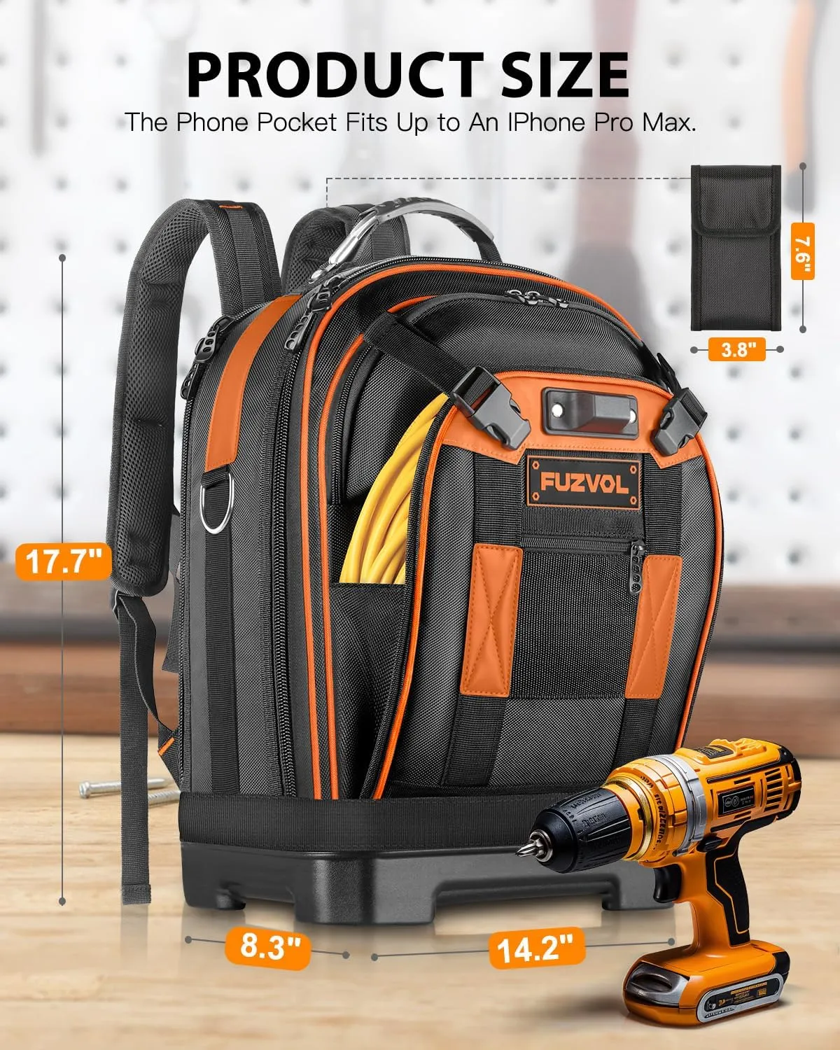 Tool Backpack, Heavy Duty Tool Bag, Hvac Tool Bags, Electrician Construction Backpack, Work Backpacks for Men With Removable Tool Organizer and Laptop Compartment, Orange