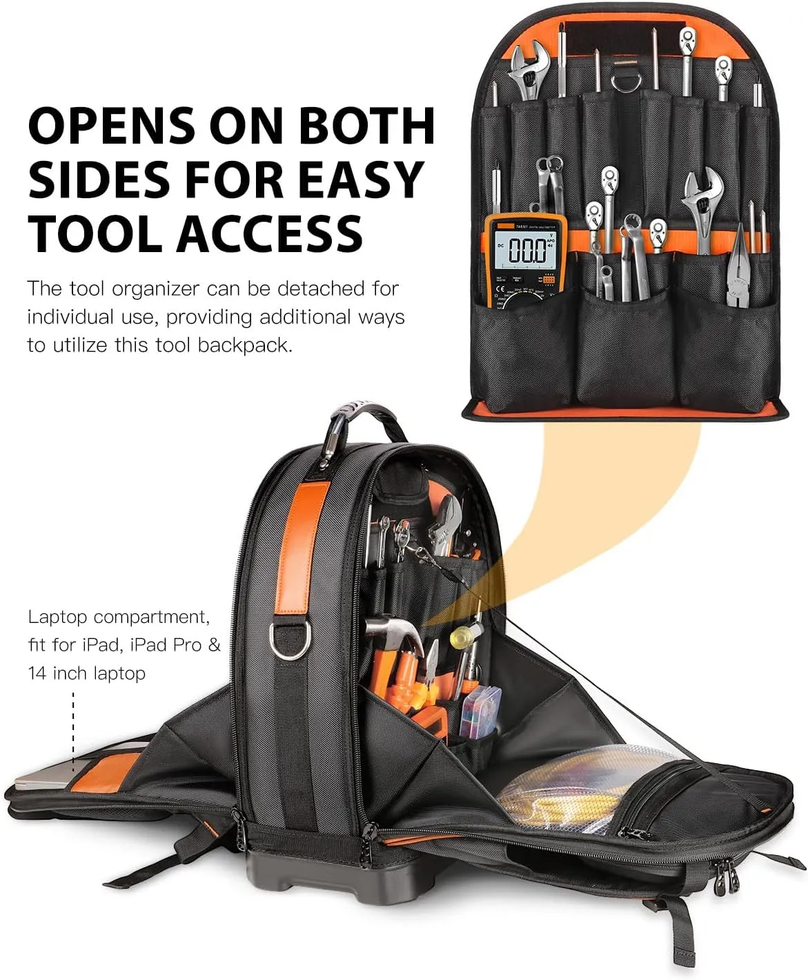 Tool Backpack, Heavy Duty Tool Bag, Hvac Tool Bags, Electrician Construction Backpack, Work Backpacks for Men With Removable Tool Organizer and Laptop Compartment, Orange