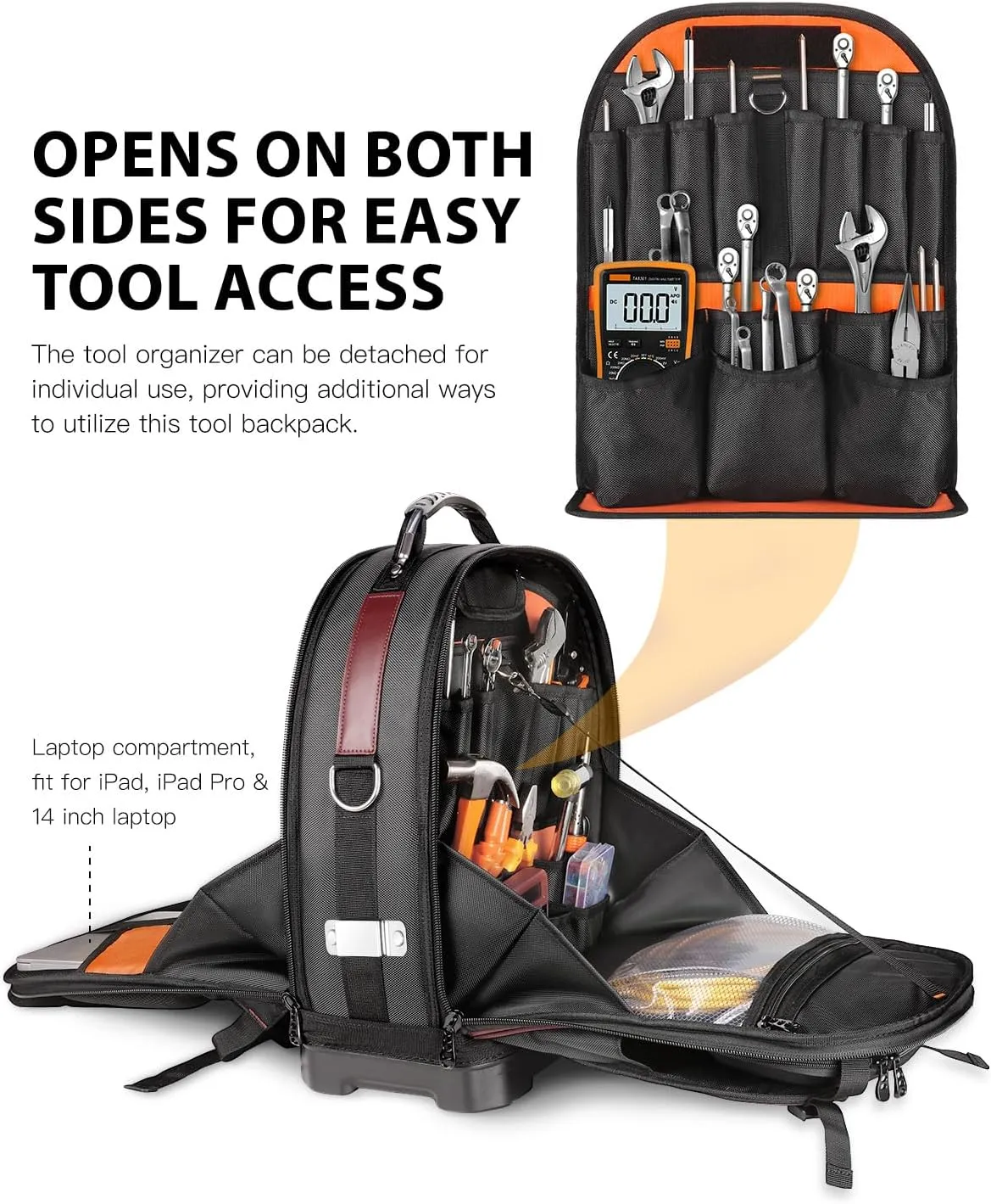 Tool Backpack, Heavy Duty Tool Bag, Hvac Tool Bags, Electrician Construction Backpacks, Work Backpack for Men with Removable Tool Organizer and Laptop Compartment, Brown