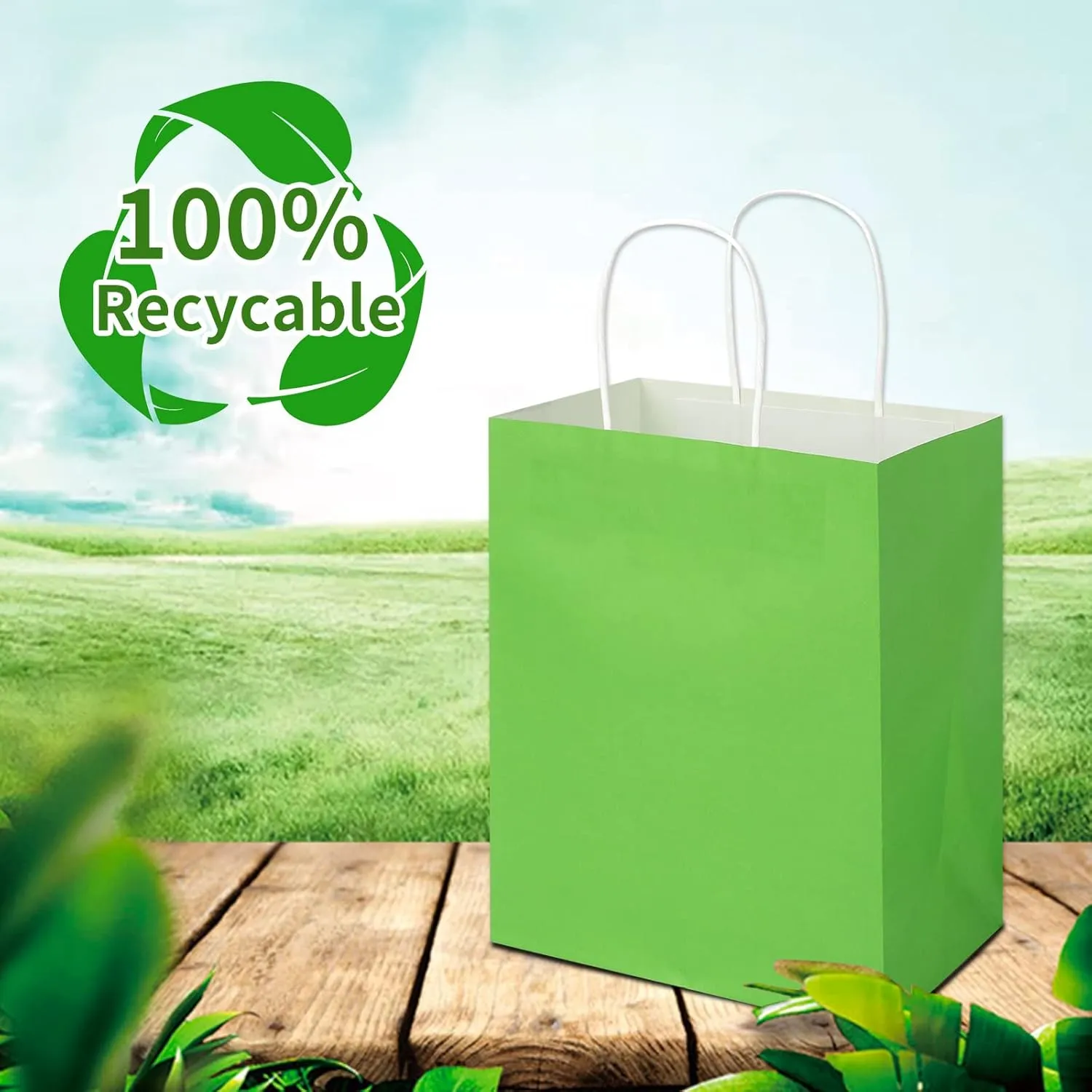 Toovip 100 Pack 8x4.75x10 Inch Medium Grass Green Kraft Paper Bags with Handles Bulk, Gift Wrap Bags for Favors Grocery Retail Party Birthday Shopping Business Goody Craft Merchandise Take Out Sacks