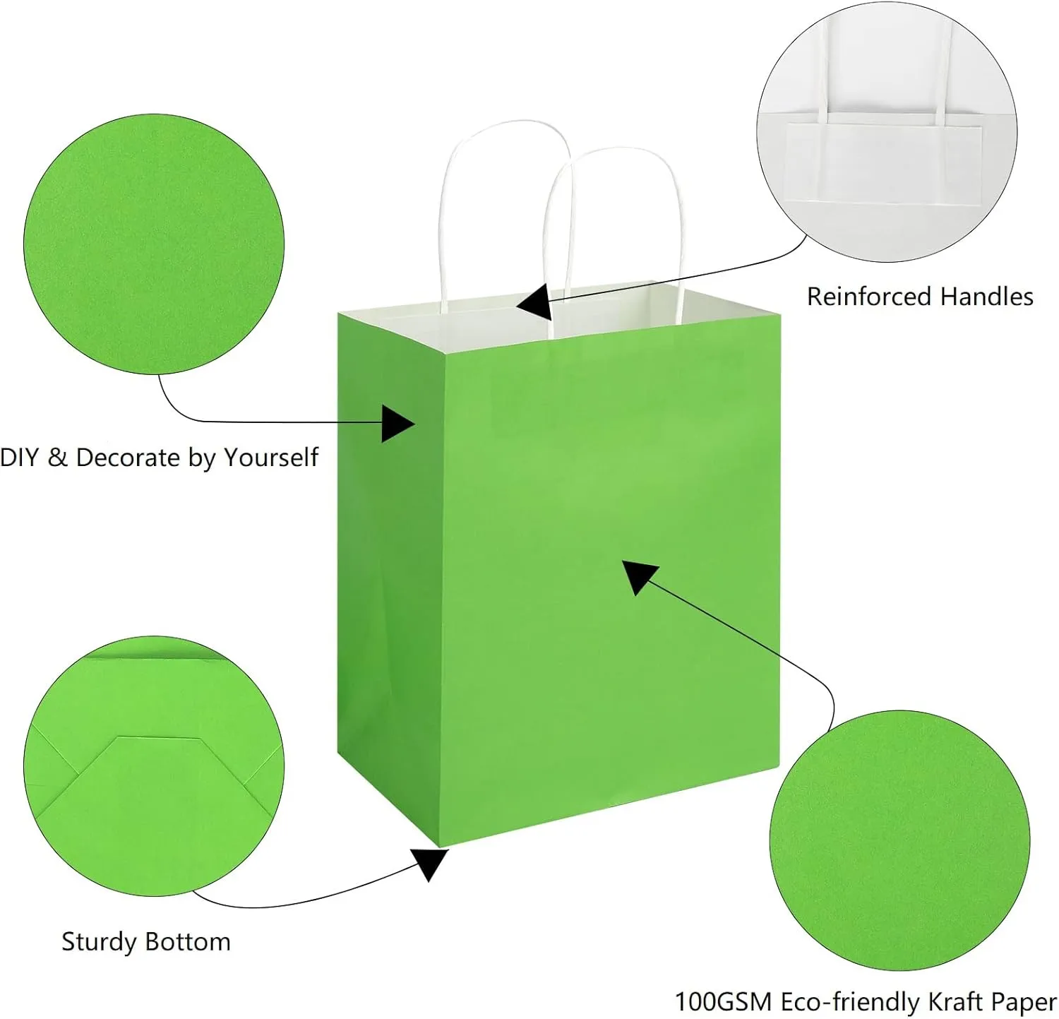 Toovip 100 Pack 8x4.75x10 Inch Medium Grass Green Kraft Paper Bags with Handles Bulk, Gift Wrap Bags for Favors Grocery Retail Party Birthday Shopping Business Goody Craft Merchandise Take Out Sacks