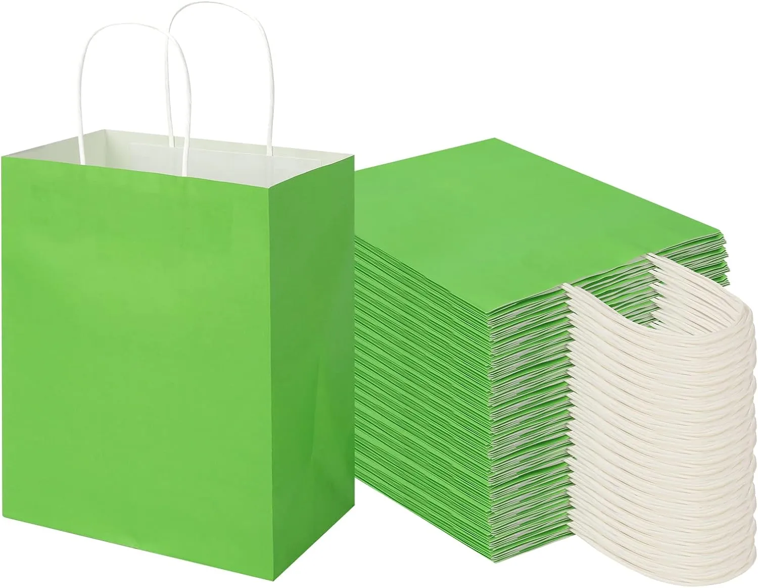 Toovip 100 Pack 8x4.75x10 Inch Medium Grass Green Kraft Paper Bags with Handles Bulk, Gift Wrap Bags for Favors Grocery Retail Party Birthday Shopping Business Goody Craft Merchandise Take Out Sacks