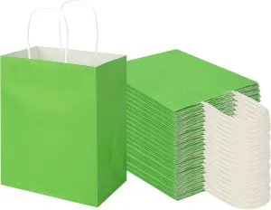 Toovip 100 Pack 8x4.75x10 Inch Medium Grass Green Kraft Paper Bags with Handles Bulk, Gift Wrap Bags for Favors Grocery Retail Party Birthday Shopping Business Goody Craft Merchandise Take Out Sacks
