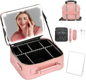 TOPACK Travel Makeup Bag with Detachable Led Mirror and Portable Makeup Train Case Led Bags with Mirror Organizer Bag Travel Gifts for Mon Her Women Pink