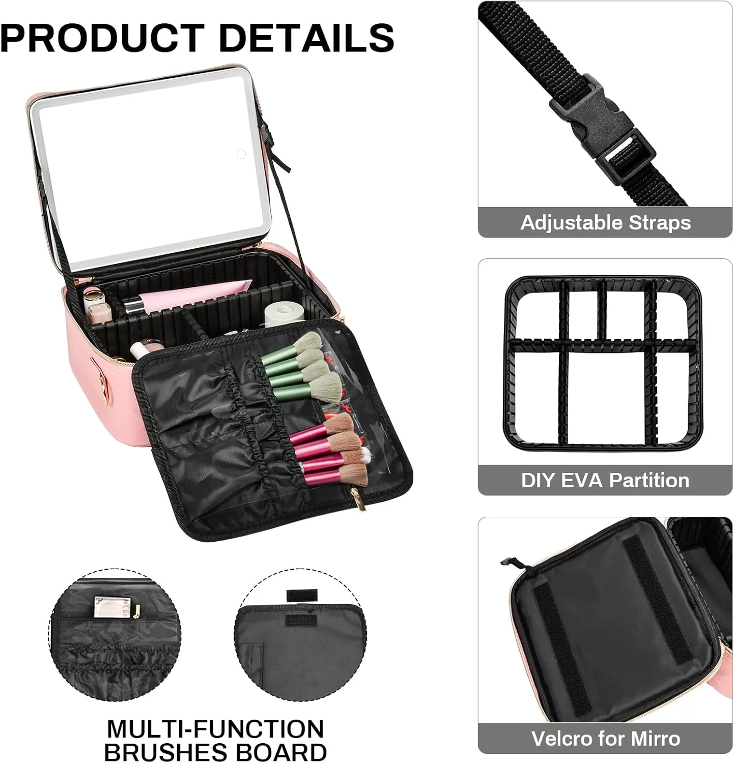 TOPACK Travel Makeup Bag with Detachable Led Mirror and Portable Makeup Train Case Led Bags with Mirror Organizer Bag Travel Gifts for Mon Her Women Pink