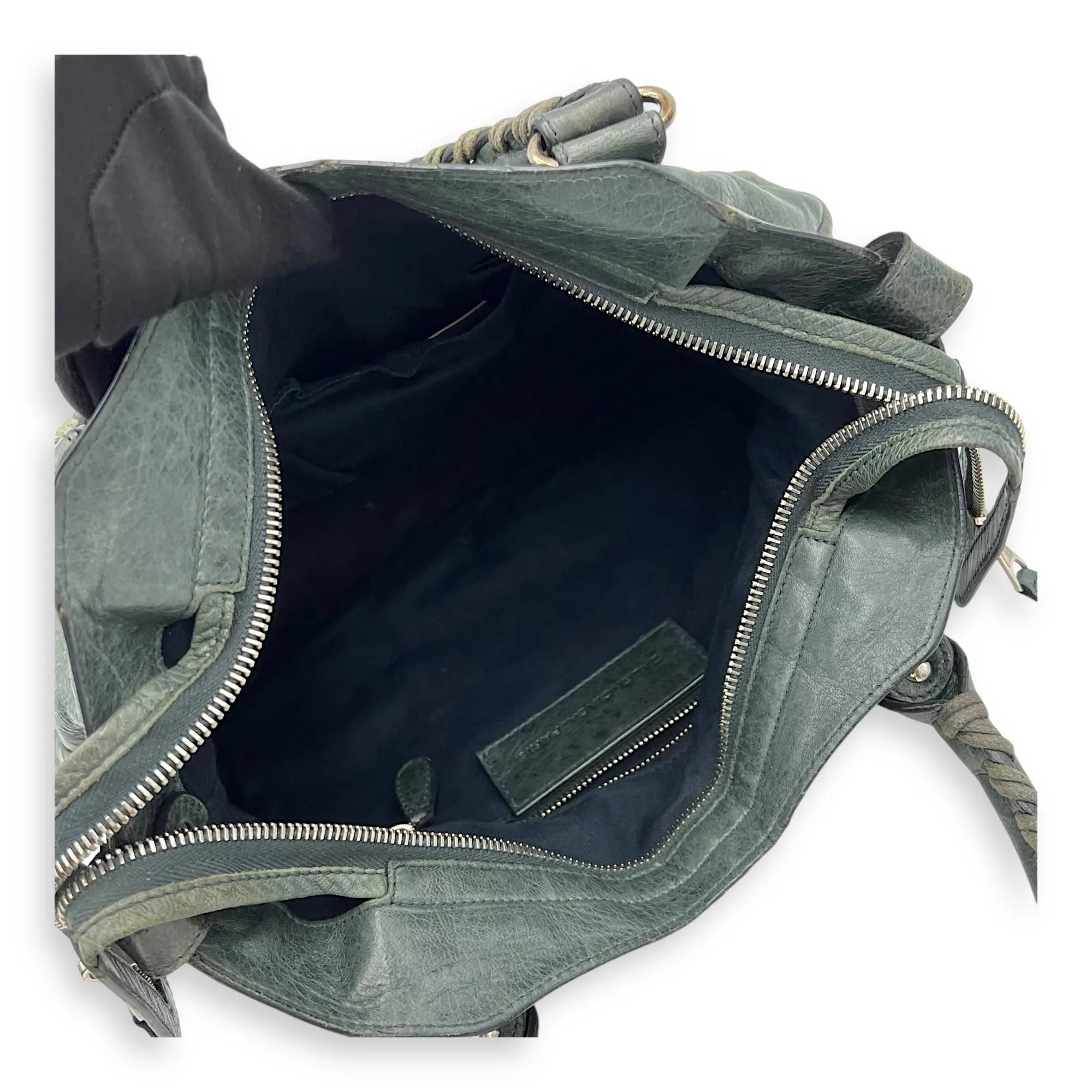 Town Green Top Handle Bag in Distressed Leather, Silver hardware