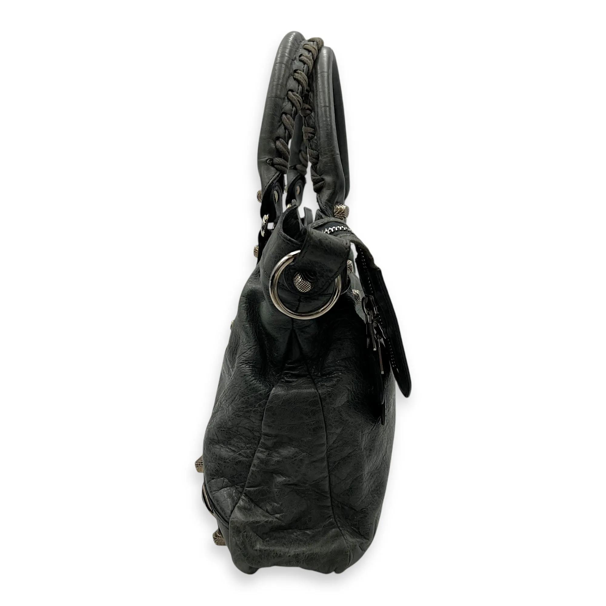 Town Green Top Handle Bag in Distressed Leather, Silver hardware