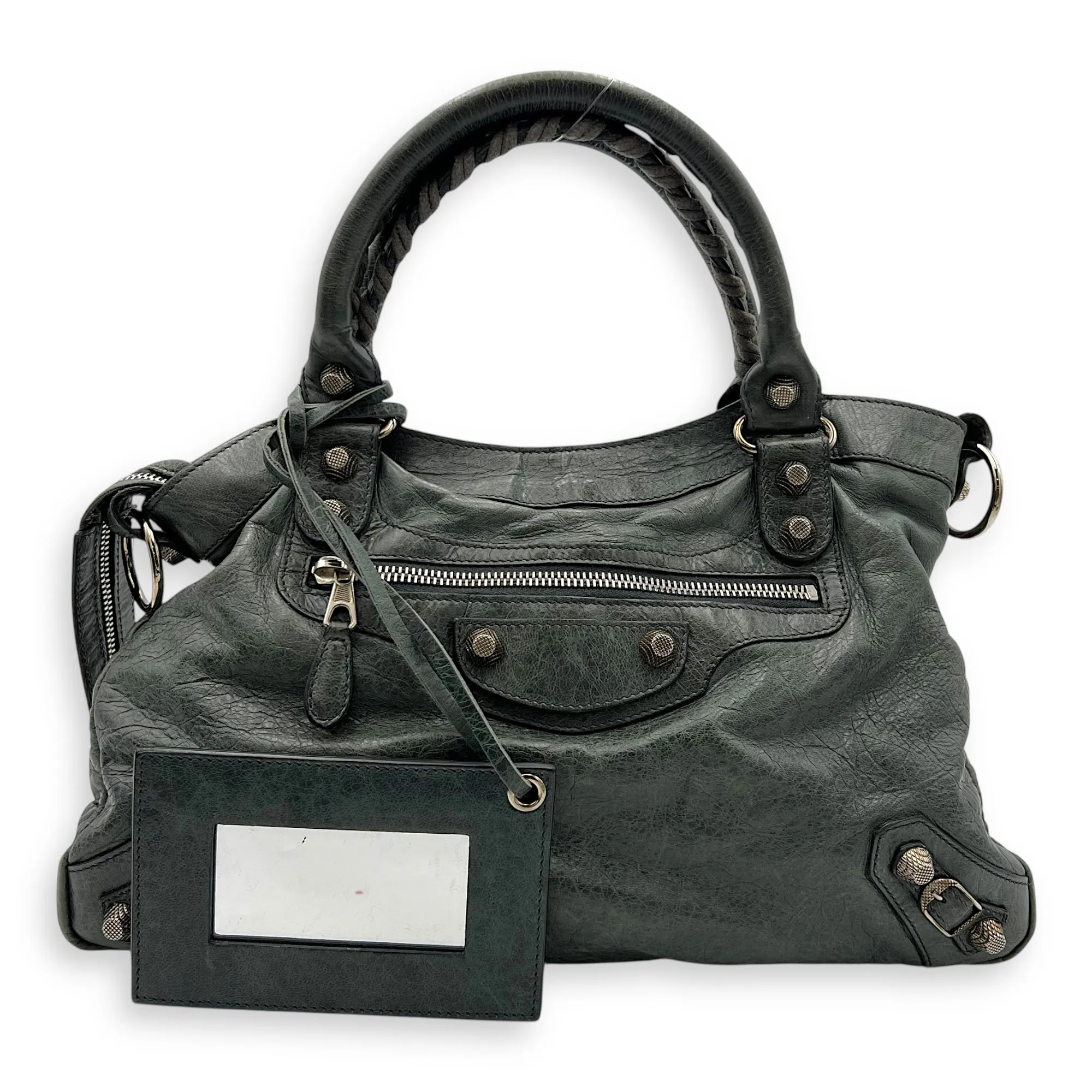 Town Green Top Handle Bag in Distressed Leather, Silver hardware