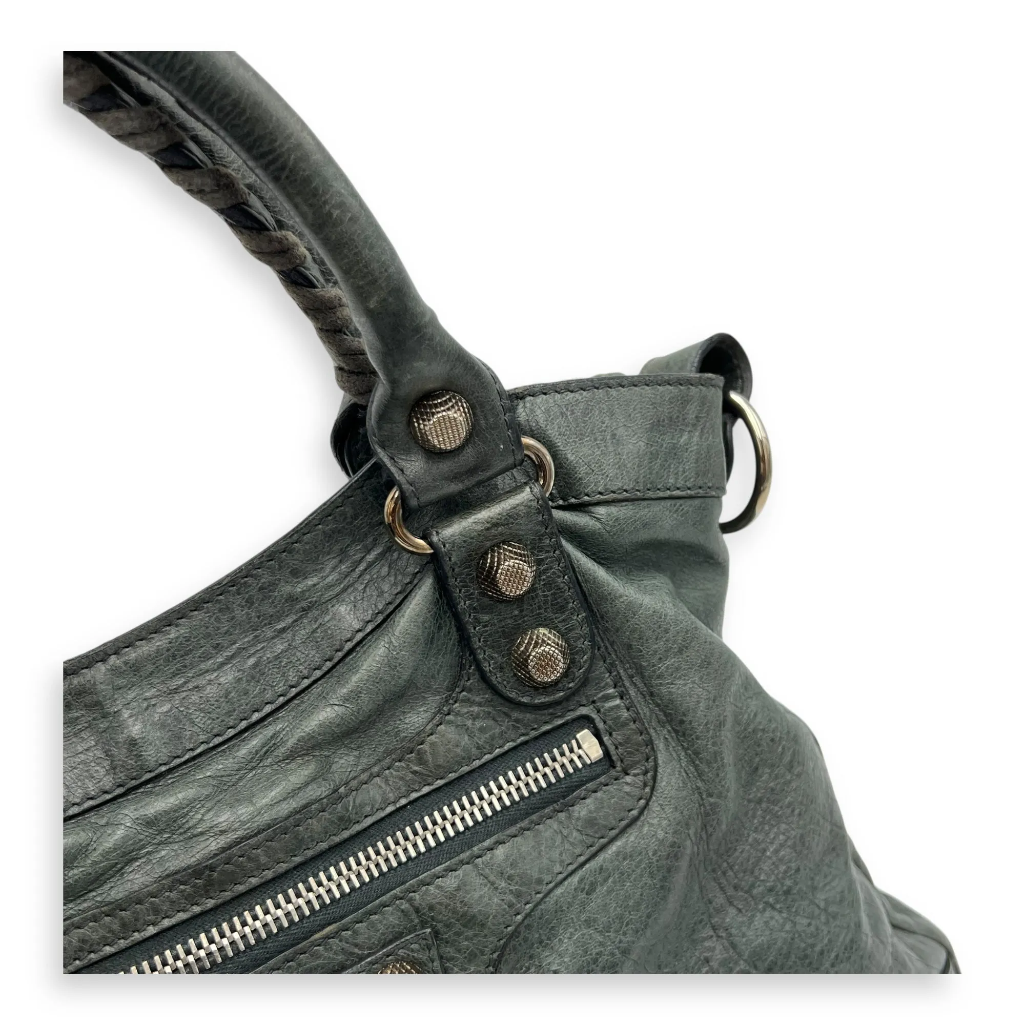 Town Green Top Handle Bag in Distressed Leather, Silver hardware