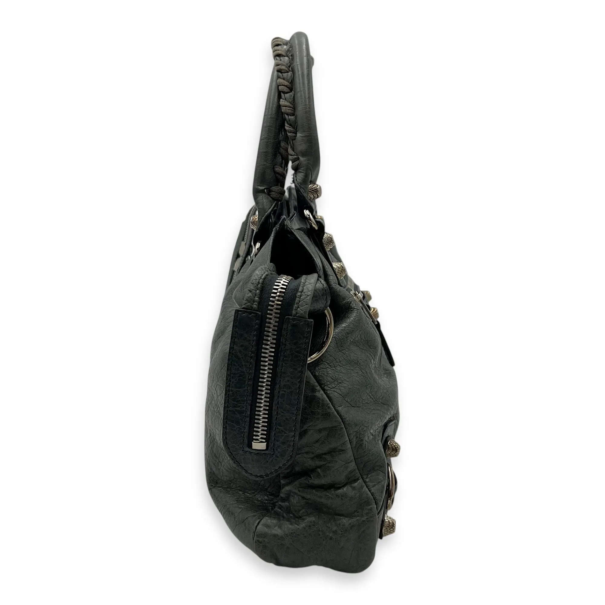 Town Green Top Handle Bag in Distressed Leather, Silver hardware