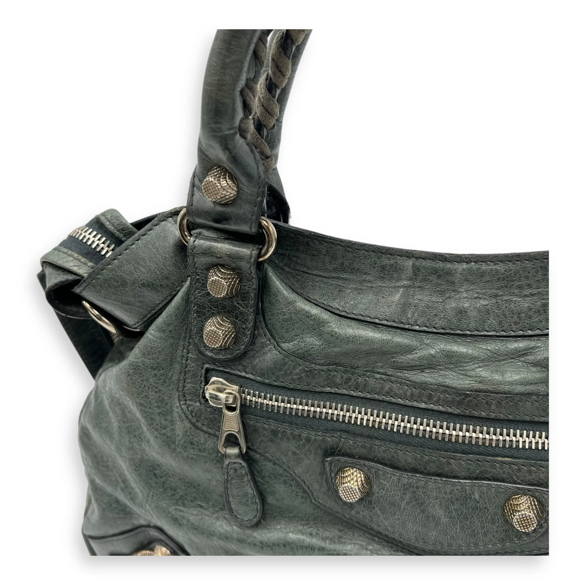Town Green Top Handle Bag in Distressed Leather, Silver hardware