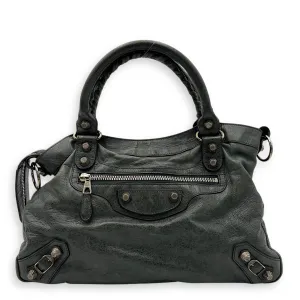 Town Green Top Handle Bag in Distressed Leather, Silver hardware