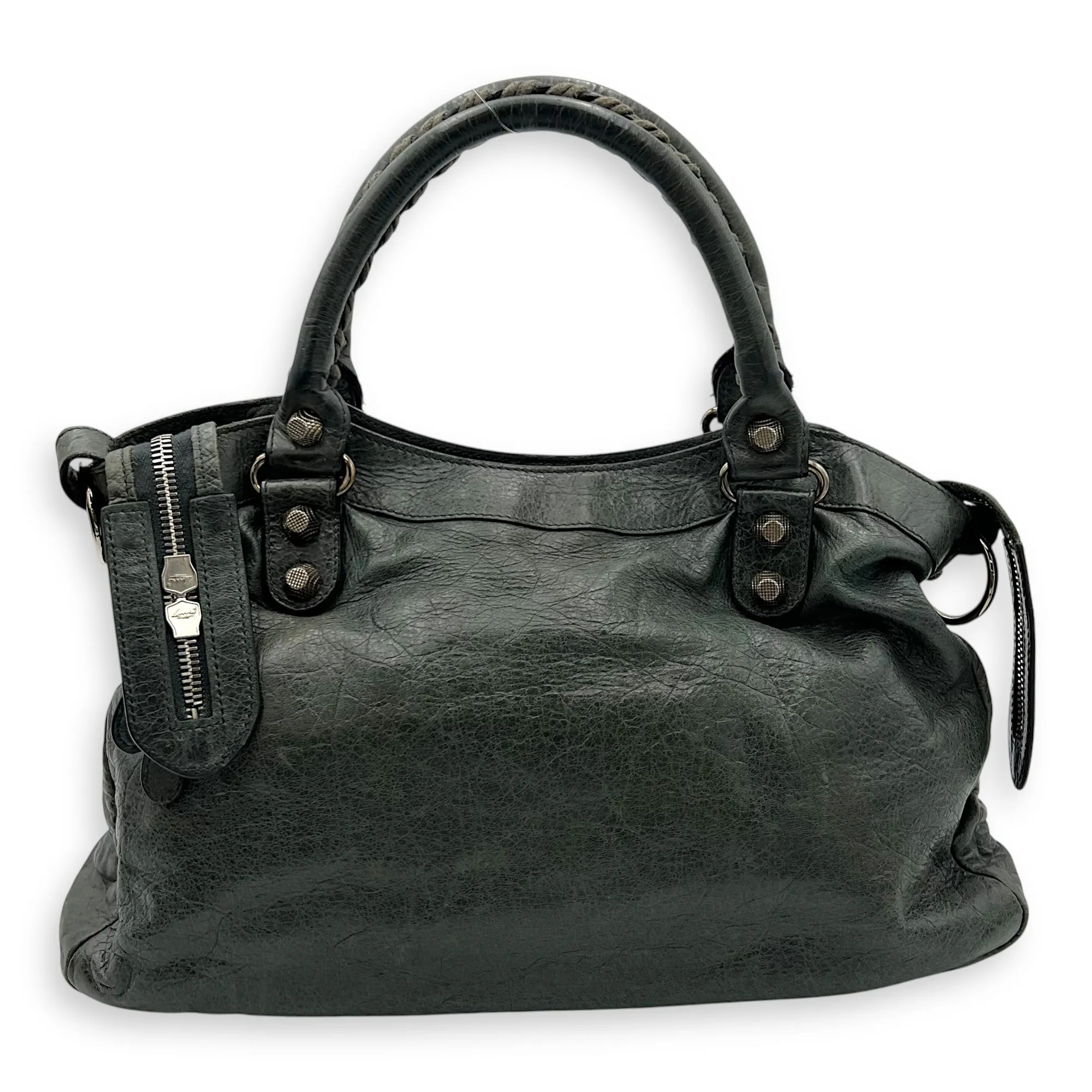 Town Green Top Handle Bag in Distressed Leather, Silver hardware