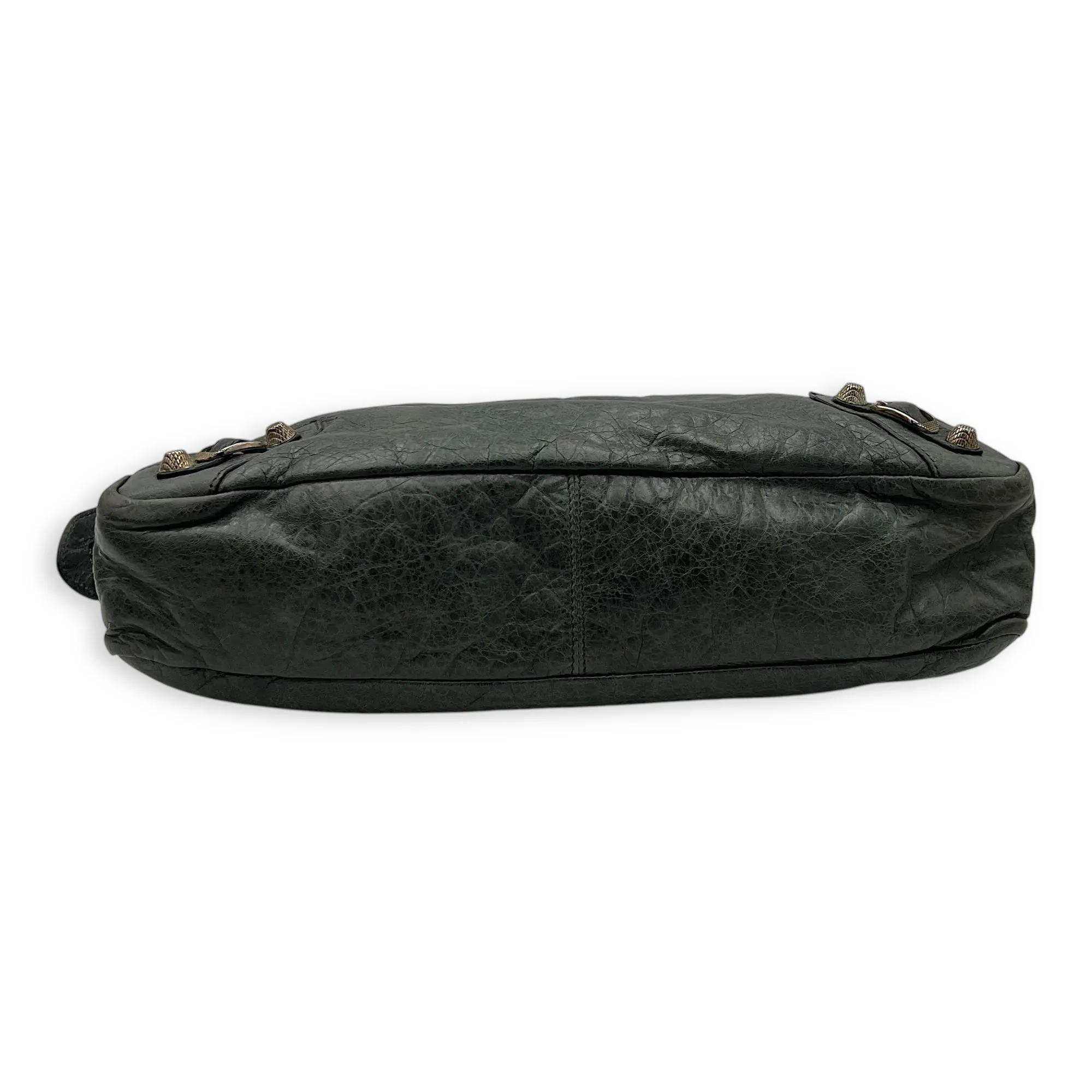 Town Green Top Handle Bag in Distressed Leather, Silver hardware