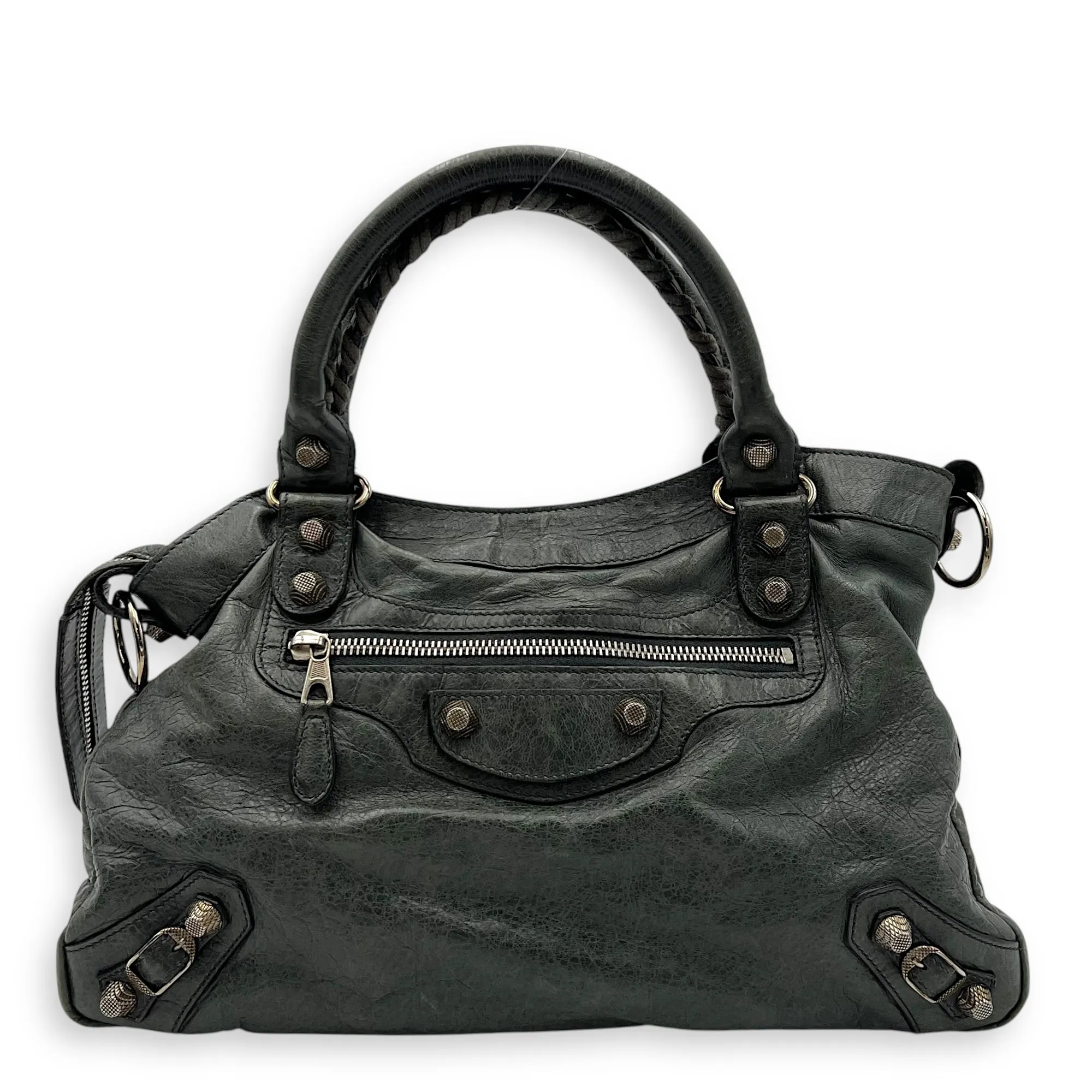 Town Green Top Handle Bag in Distressed Leather, Silver hardware
