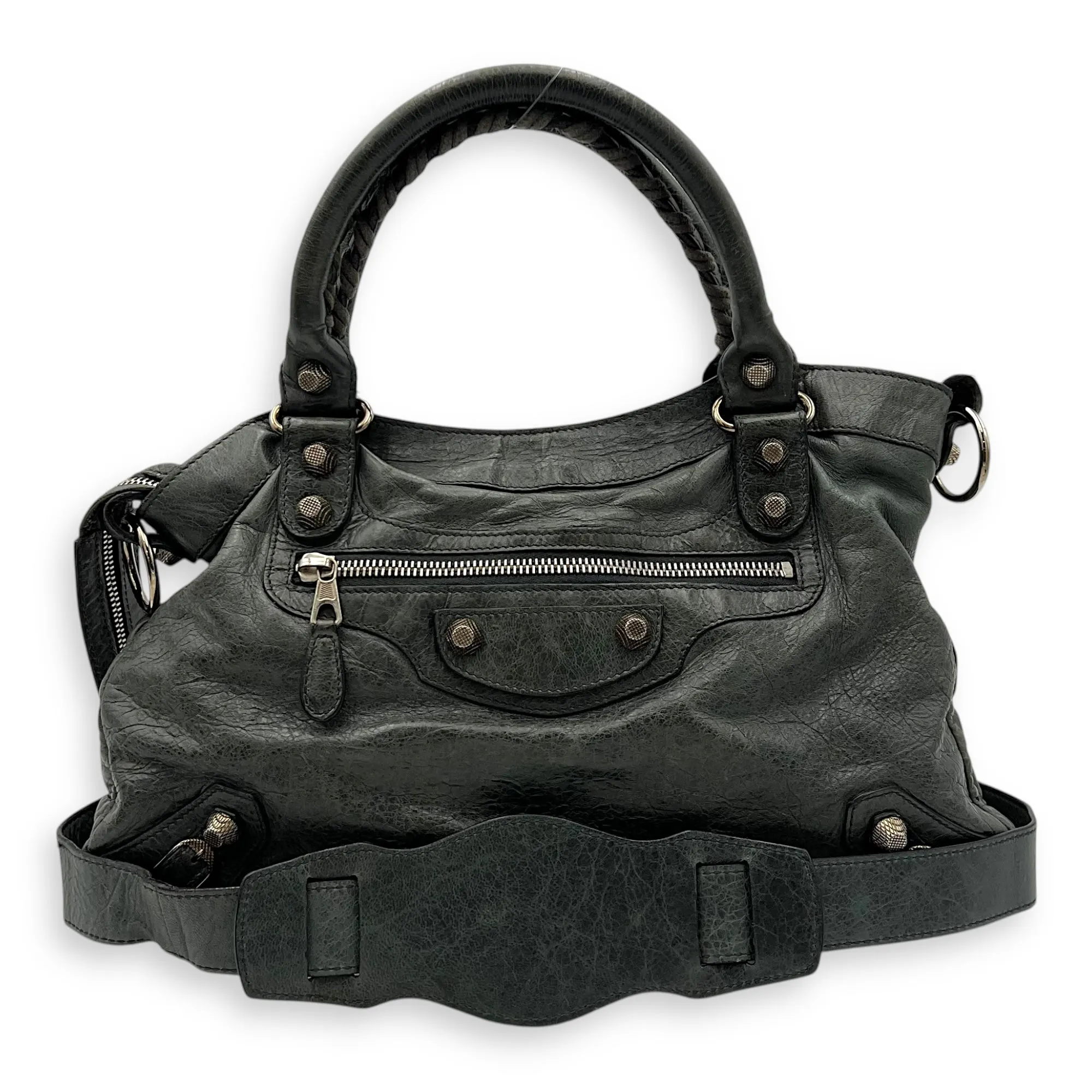 Town Green Top Handle Bag in Distressed Leather, Silver hardware