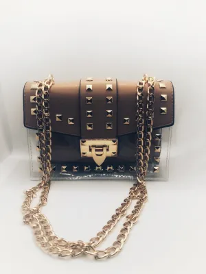 Transparent Overlay Black Studded Fashion Bag.