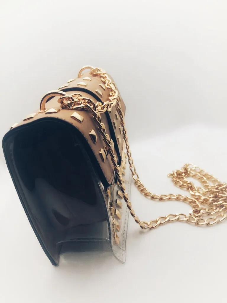Transparent Overlay Black Studded Fashion Bag.