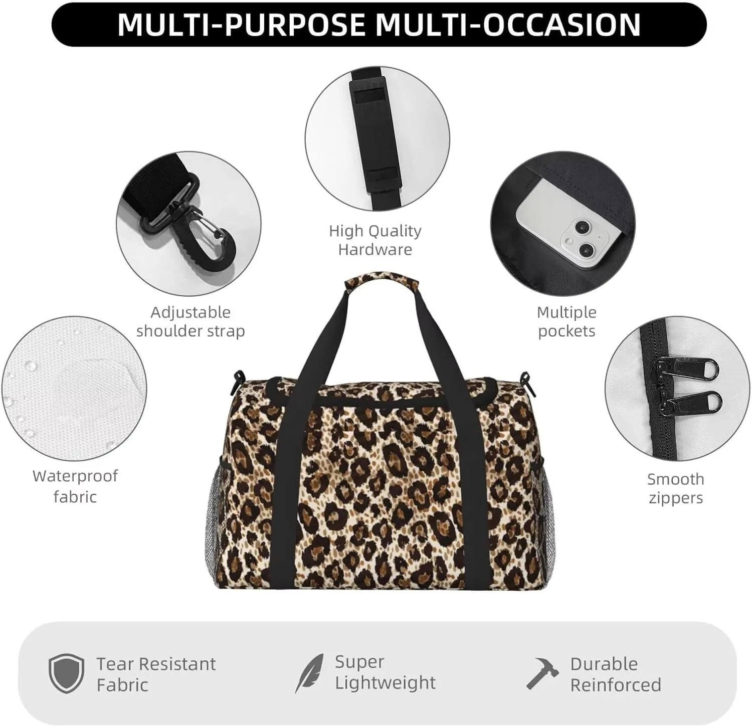 Travel Bag Leopard Cheetah Luggage Bag Cute Animal Pattern Business Trip Workout Duffle Sports Bags Classical Brown Big Gym Bags