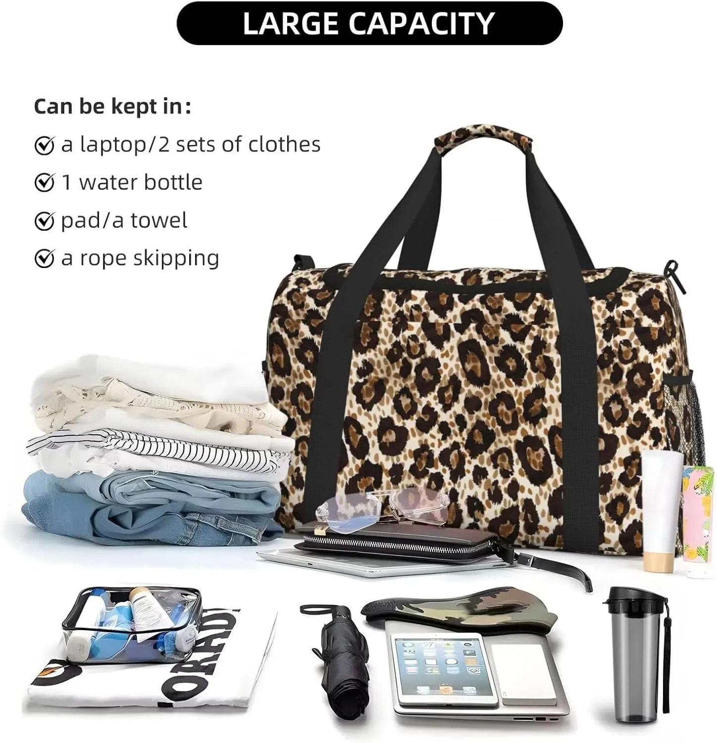 Travel Bag Leopard Cheetah Luggage Bag Cute Animal Pattern Business Trip Workout Duffle Sports Bags Classical Brown Big Gym Bags