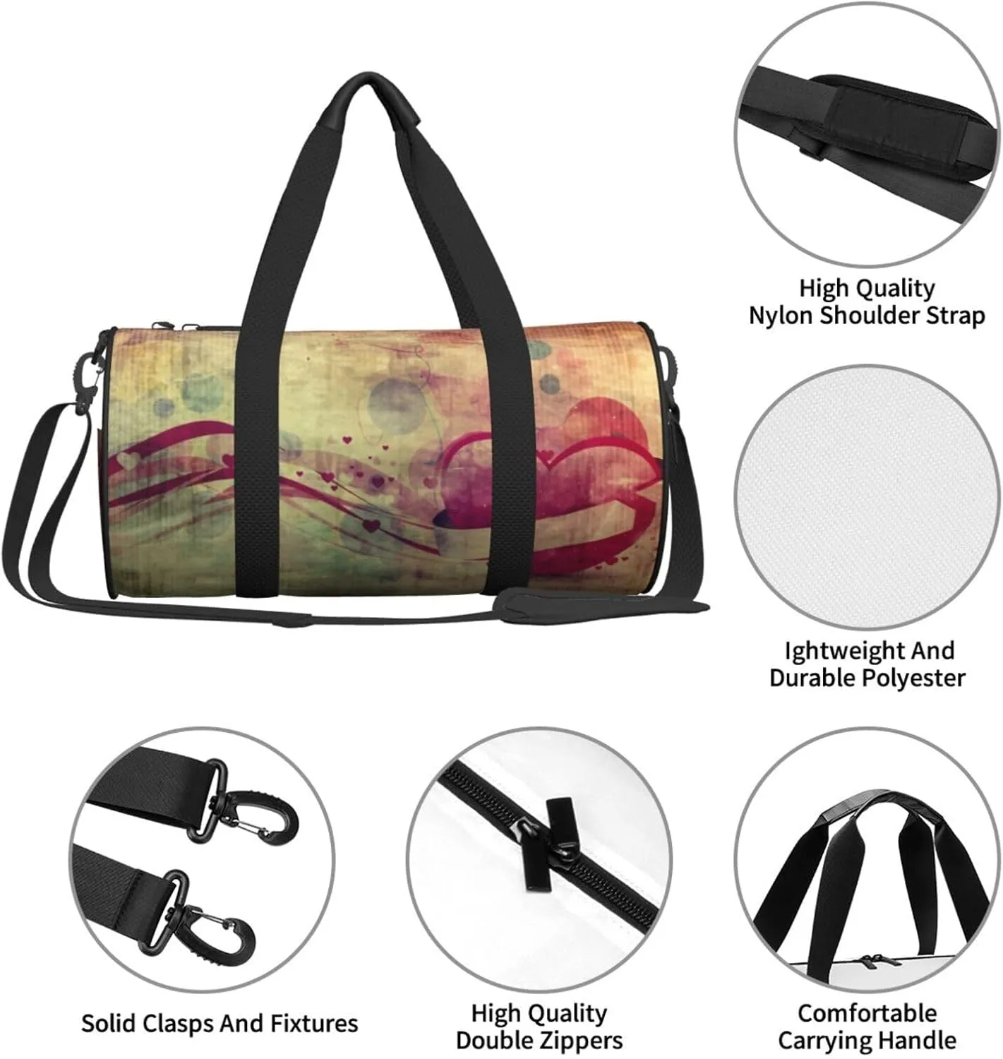 Travel Duffle Bag for Men Women, Heart Duffle Bags for Sport Gym Overnight Luggage