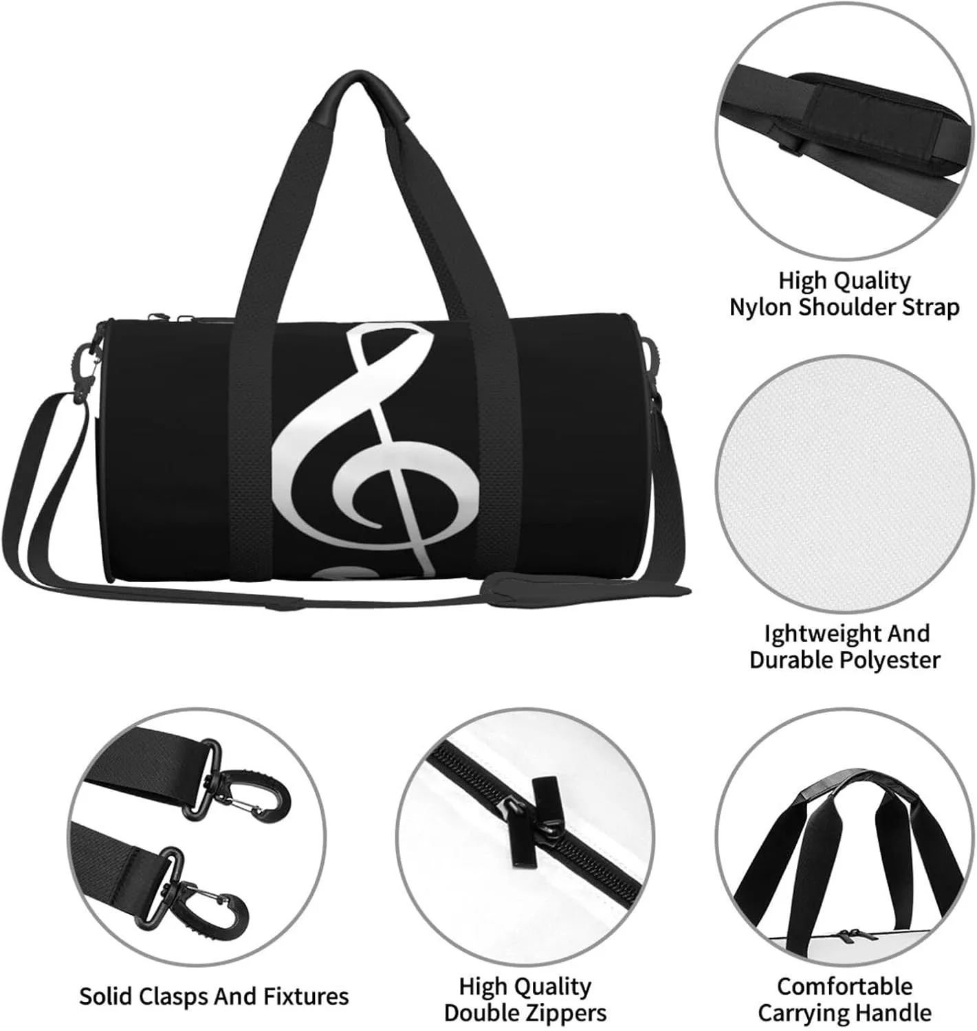 Travel Duffle Bag for Men Women, Music Note Black Duffle Bags for Sport Gym Overnight Luggage
