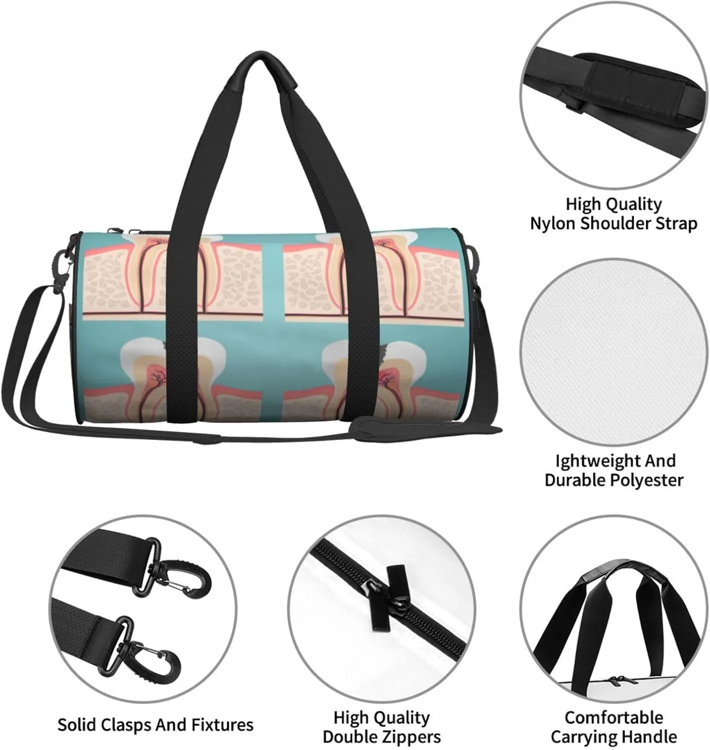 Travel Duffle Bag for Men Women, Tooth Anatomy Cut Teeth Duffle Bags for Sport Gym Overnight Luggage
