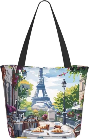 Travel Tote Bag for Women Work - Lightweight Parisian Cafe With Eiffel Shoulder Bag Nurse Bag Beach Handbags for Women, Fashion Large Tote Purse for Women with Zipper